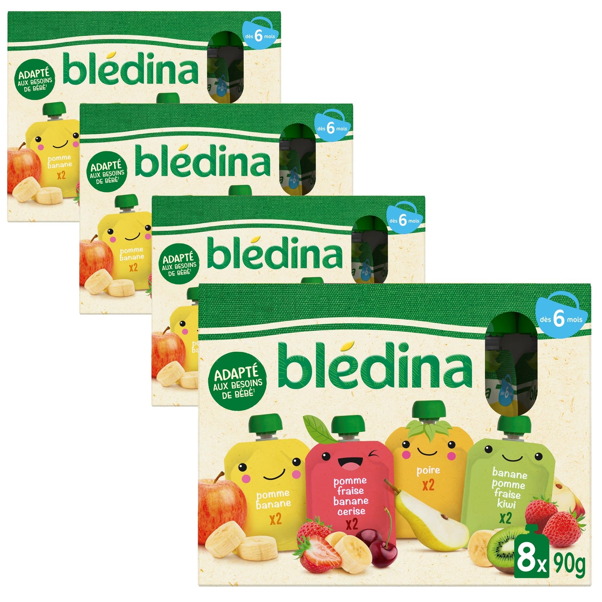 BLÉDINA - Gourdes de Purées de Fruits Bébé - Pomme, Poire, Banane, Fraise, Cerise, Kiwi - dès 6 Mois - 32 x 90 g