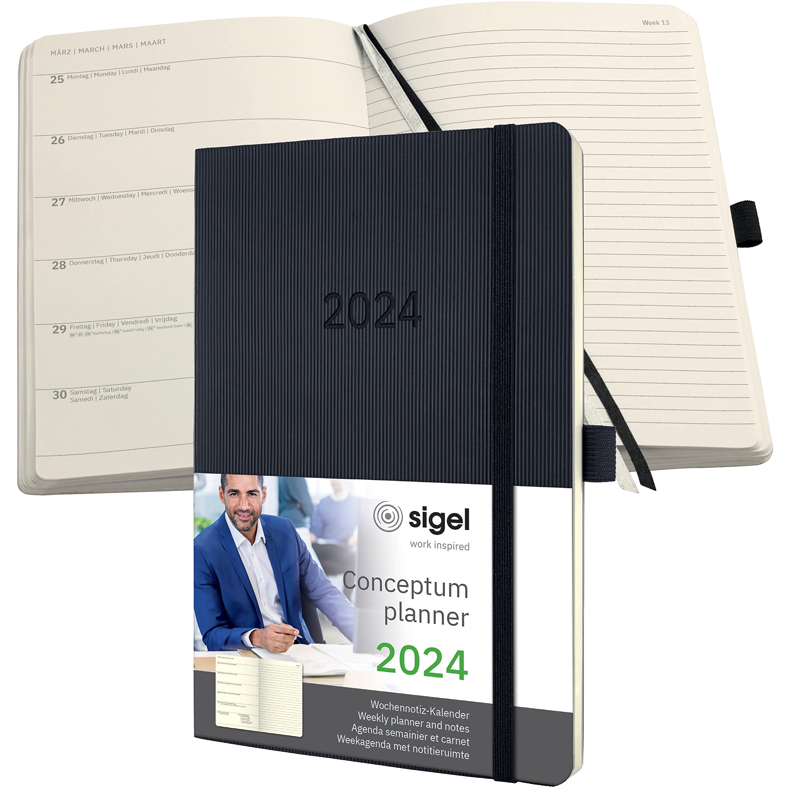 SIGEL C2424 Terminplaner Wochennotiz-Kalender 2024, ca. A5, schwarz, Softcover, 192 Seiten, Gummiband, Stiftschlaufe, Archivtasche, PEFC-zertifiziert, Conceptum