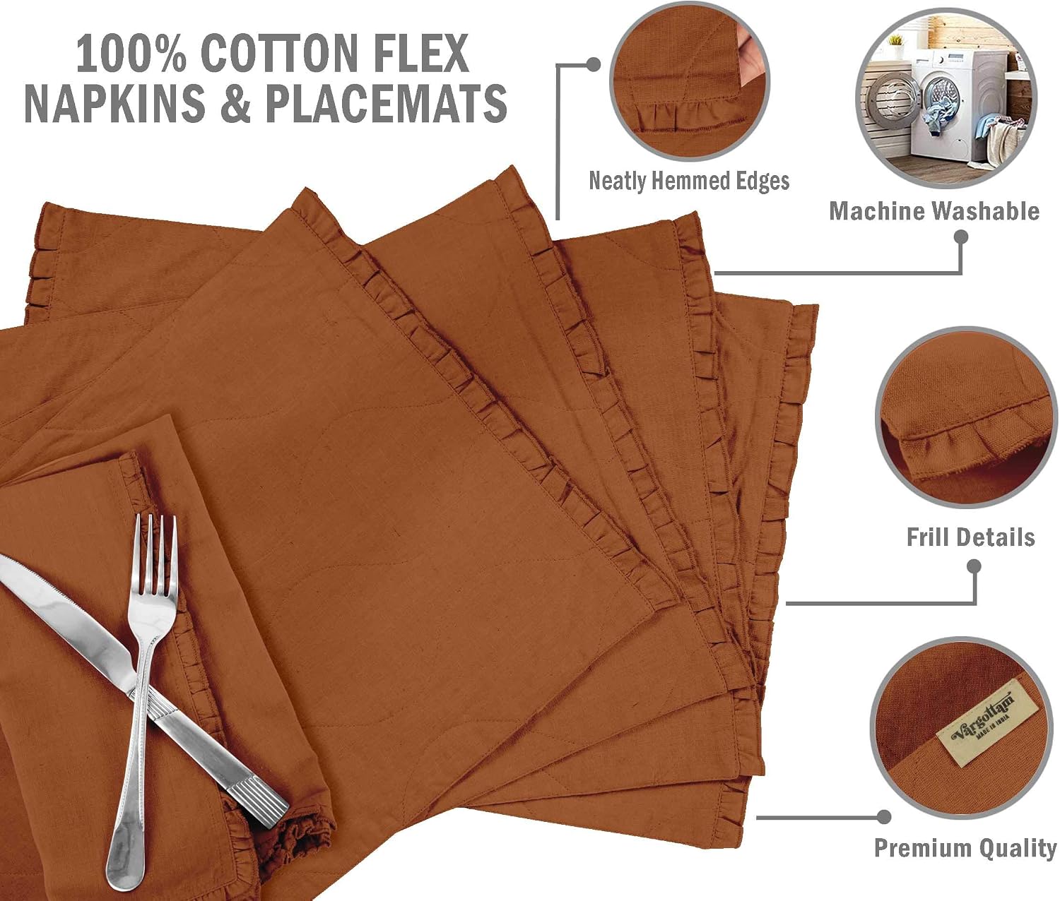 Rust Brown Solid Home Decor Washable Frill Placemats & Napkins Table Decor Dining Mats-Pack of 6