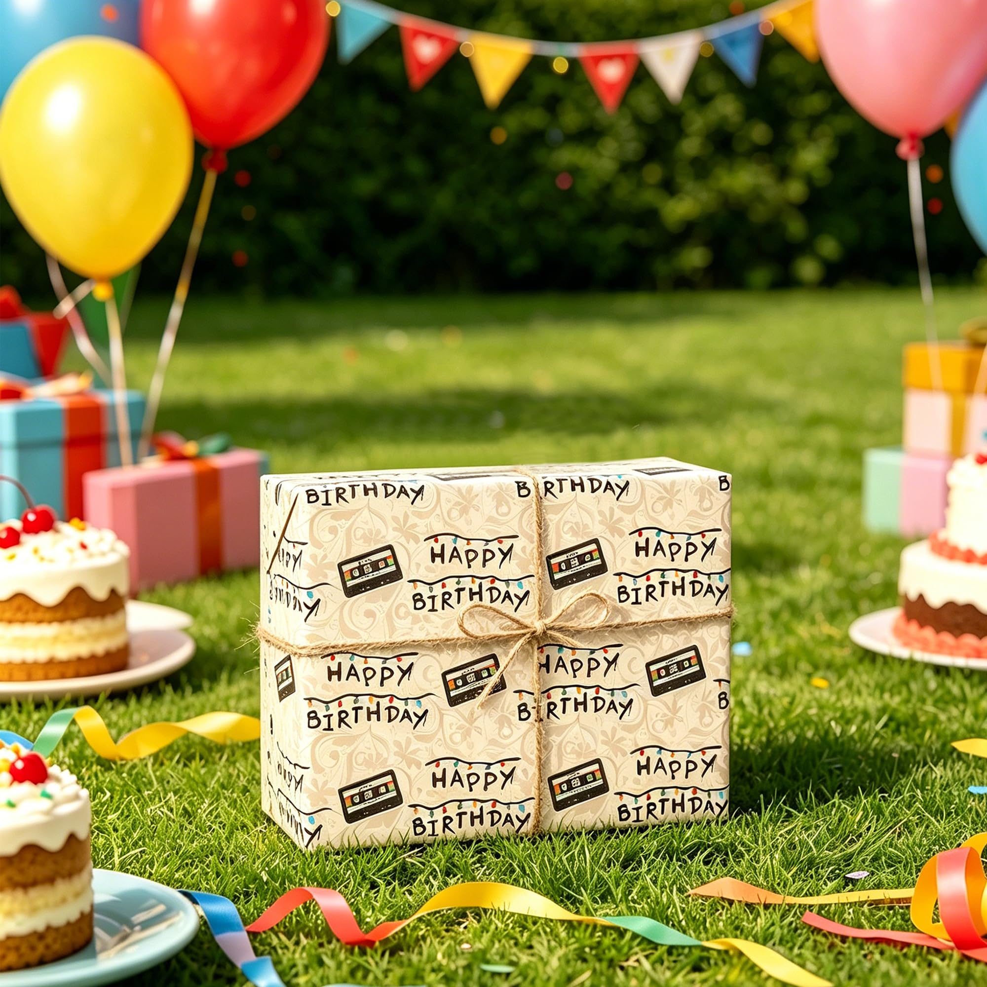 lopmou Urodzinowa rolka papieru do pakowania dla mężczyzn, kobiet, dzieci, vintage, neonowa taśma kasetowa, z napisem "Happy Birthday", opakowanie prezentowe (łącznie 28,5 m2)