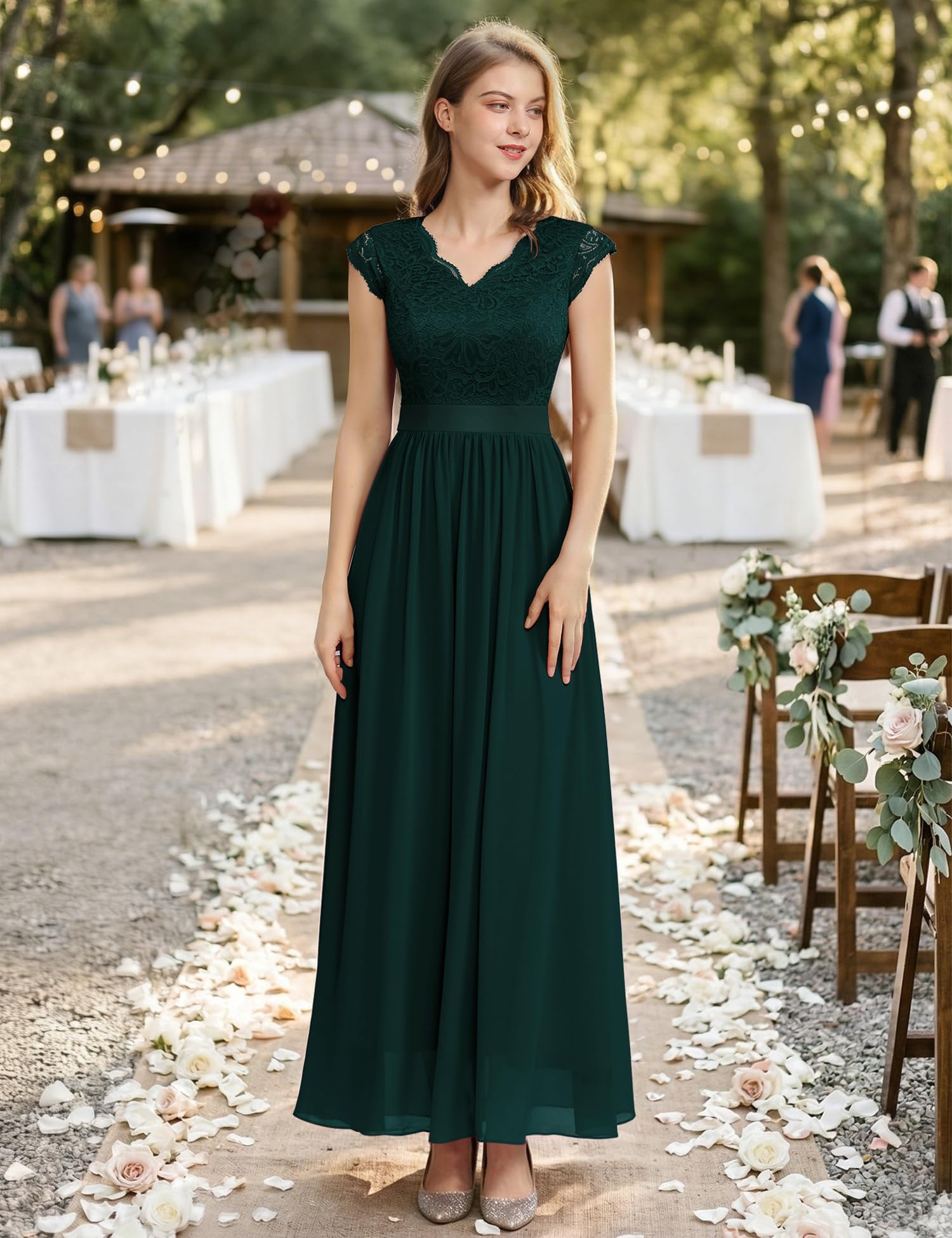 Dressystar Damen Abendkleid Lang Elegant für Hochzeit Spitze Chiffon Maxi Ballkleider Flügelärmel Cocktailkeider
