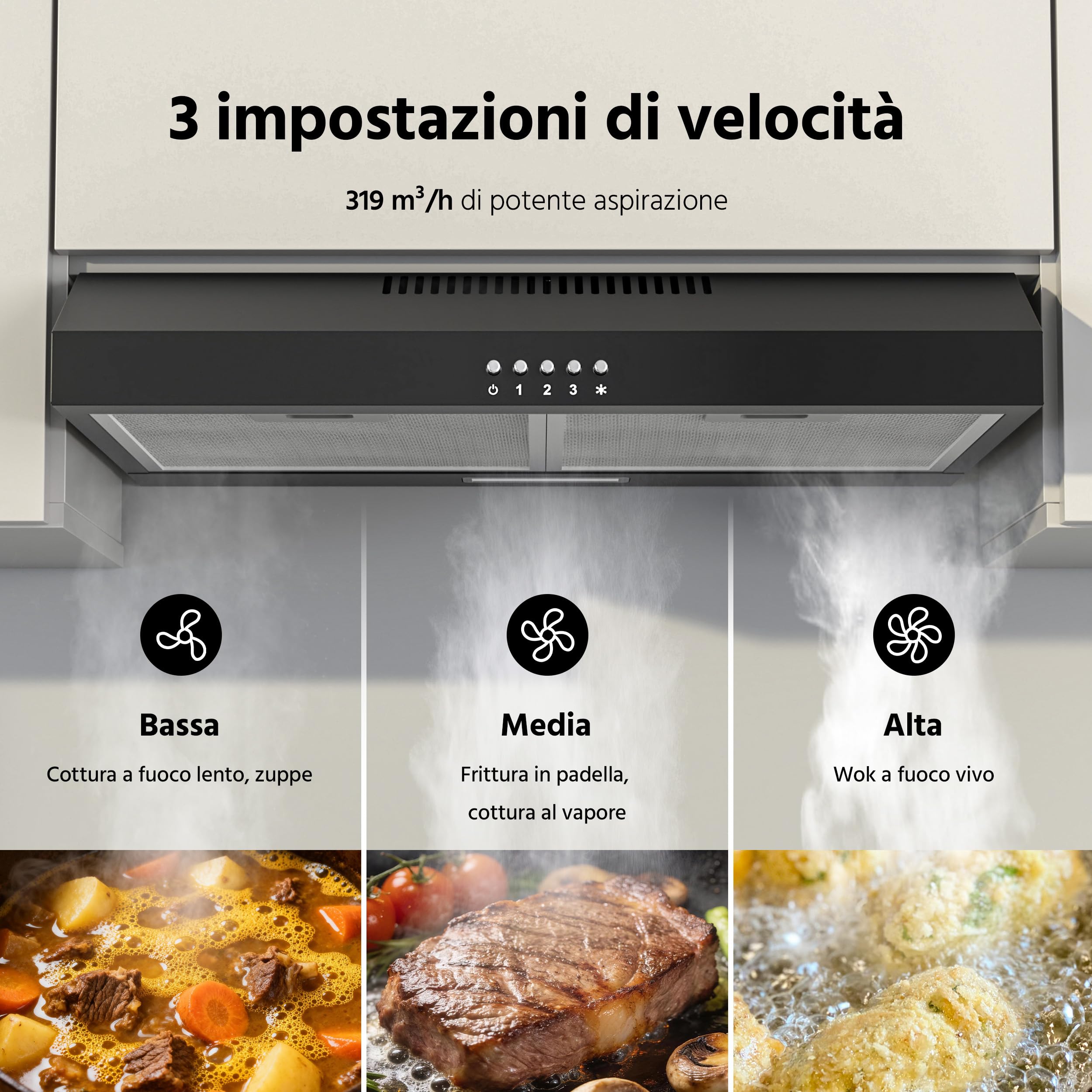FIREGAS Cappa Aspirante 60 cm, Classe A++ Motore Brushless, Scarico Posteriore o Superiore, Cappa Cucina Sottopensile Silenziosa con 2 Filtri a Carbone Inclusi, LED 2W, Nero