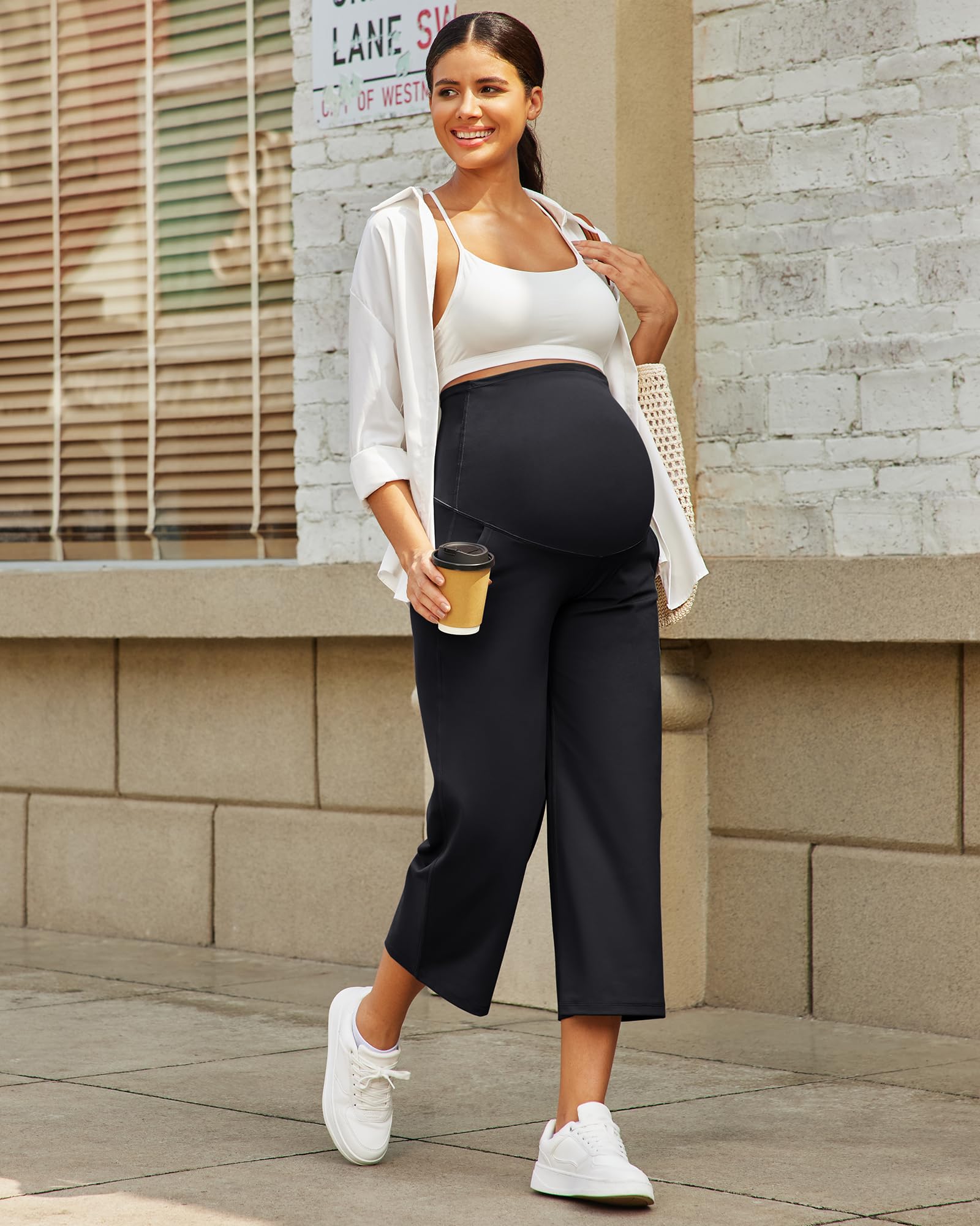 G4Free Umstandshose Damen Hohe Taille Yogahose Umstandsmode Sommer für Schwangere 3/4 Weites Bein Schwangerschafts Stretch Lose Lounge Arbeitshosen