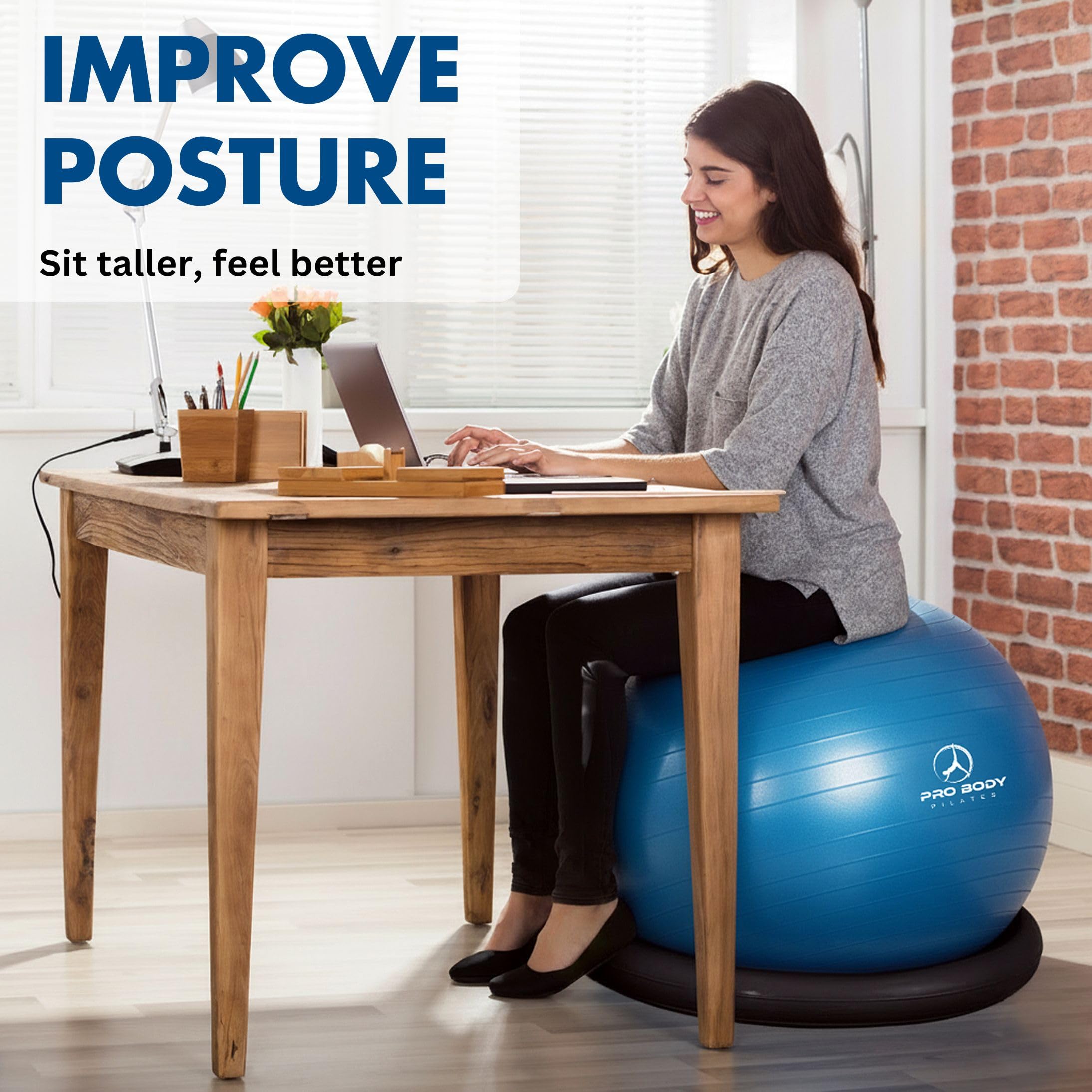 ProBody Pilates Sfera per yoga, sedia a sfera con base o supporto e fasce per casa, ufficio, scrivania, seduta o allenamento, 65 cm, per bilanciamento e stabilità, grande palla da palestra per schiena, addominali