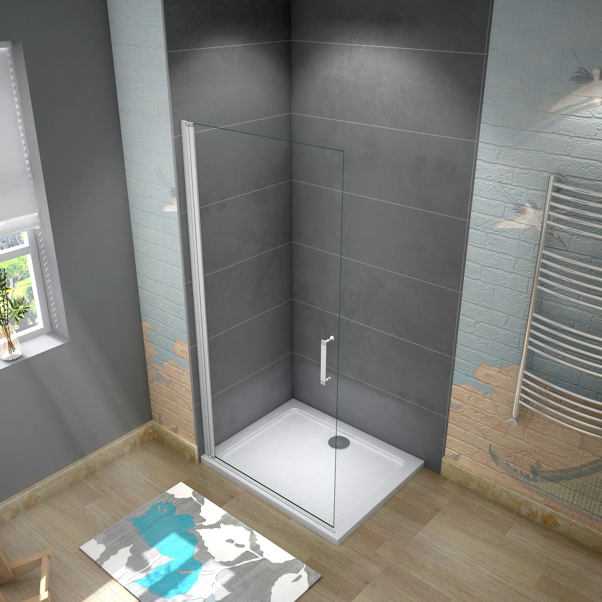WALK IN Parete Doccia 65x185cm Movibile Girevole vetro 5mm Bianco Argenteo | Trasparente, Vetro Temperato, Verso Interno Esterno, Telai Bianco Argenteo Opaco