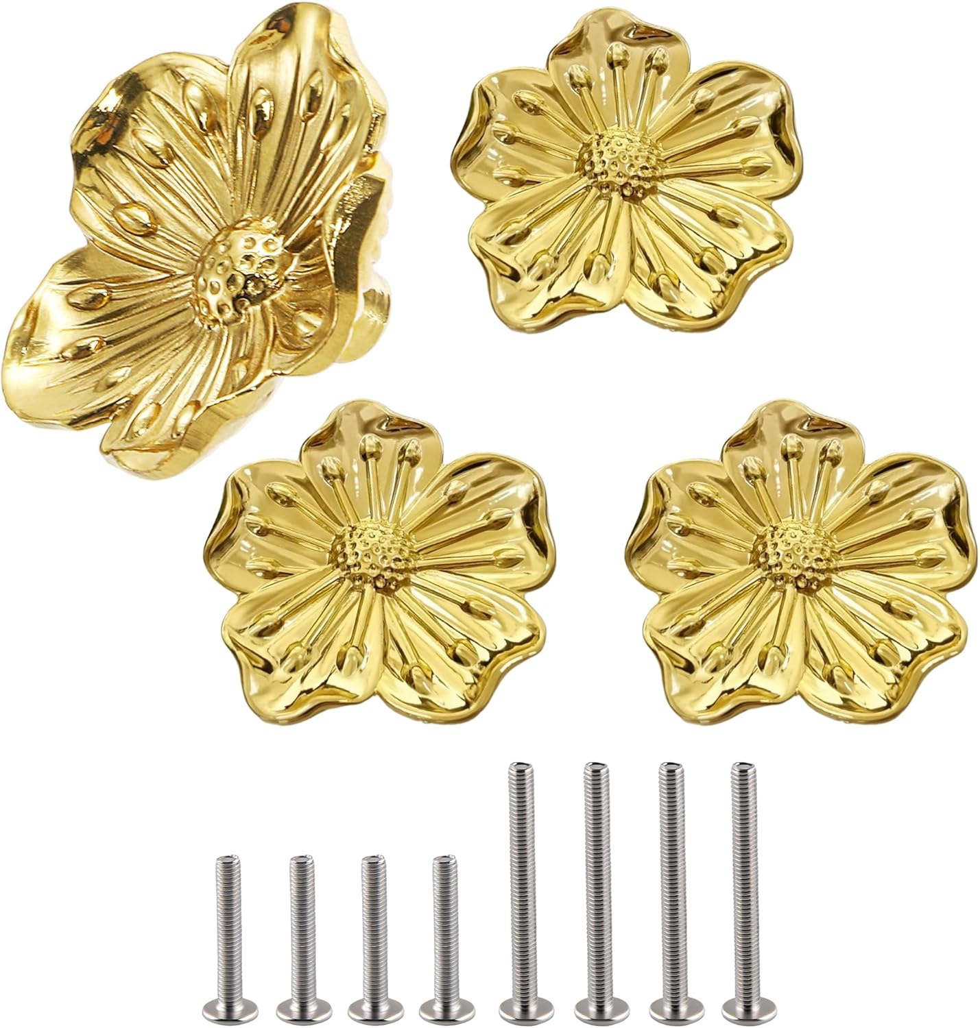 4 Pack Brushed Gold Flower Cabinet Knobs - Vintage Style Decorative Drawer Pulls with Screws, Petal Design Handles for Kitchen Bathroom Cupboard, Dresser Furniture Hardware