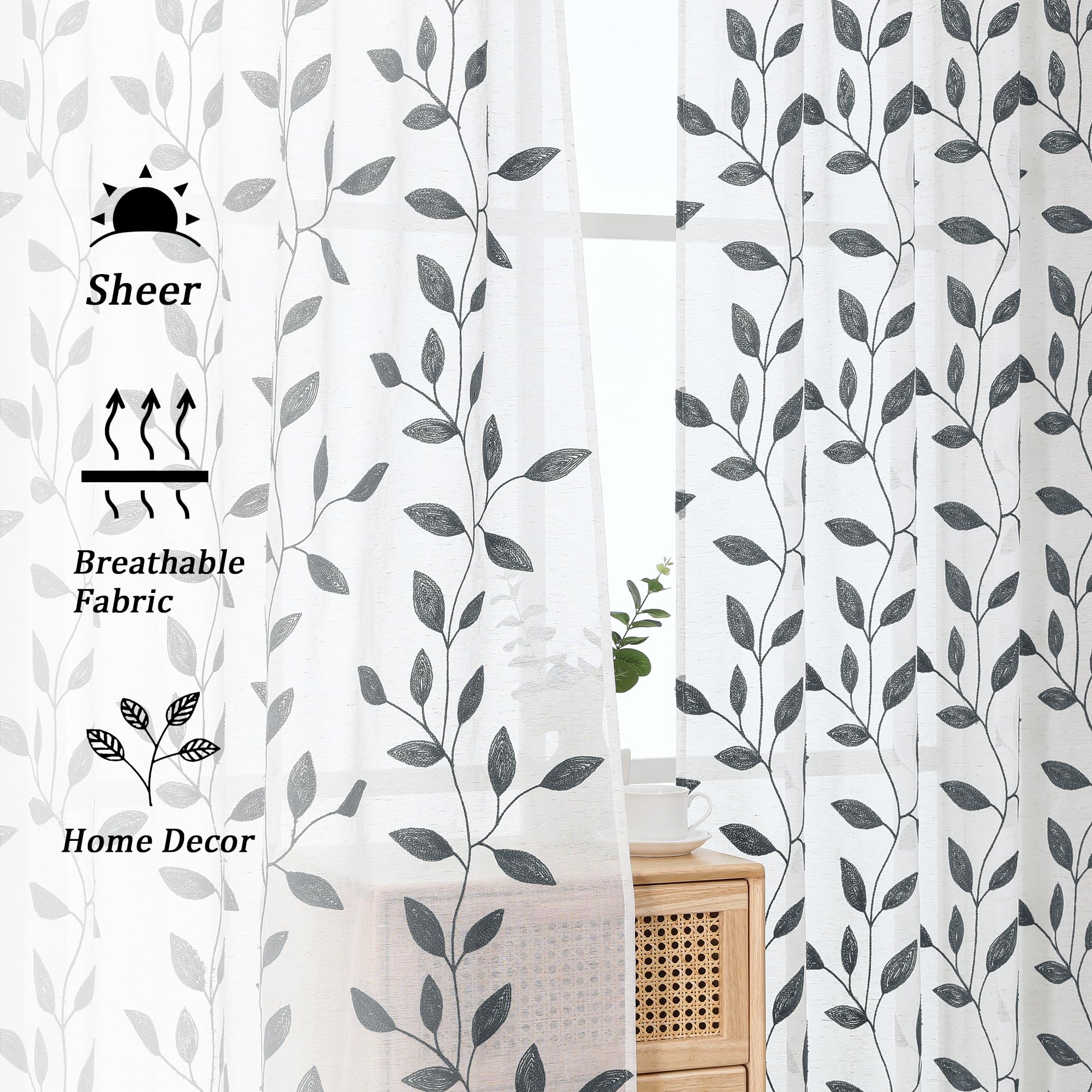 Grey Sheer Curtains - Embroidered Leaf Drapes -7 Grey Sheer Curtains - Embroidered Leaf Drapes -7