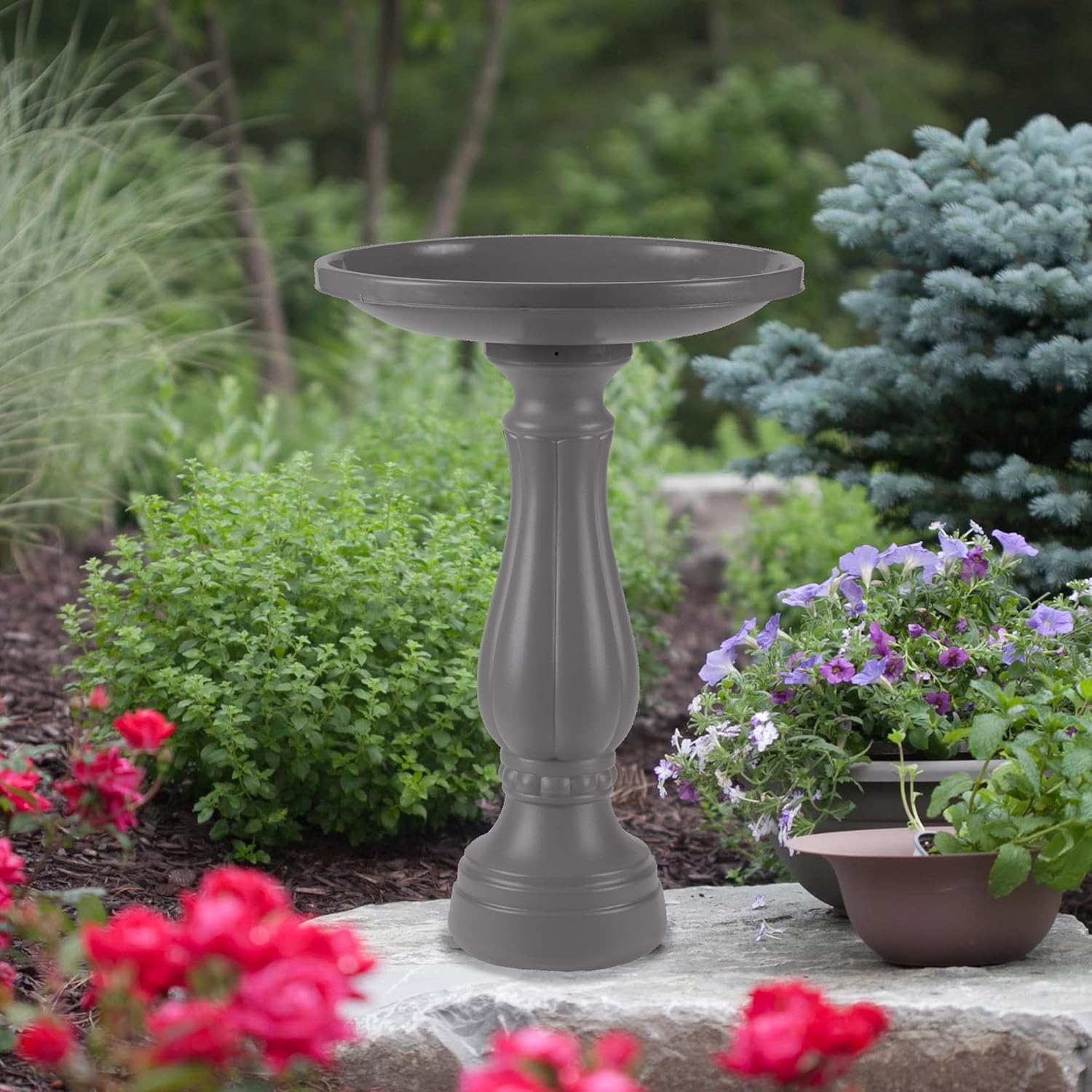 Bloem Promo Birdbath with Pedastal: Charcoal - 17" Basin with 2" Depth, 25" Fillable Pedastal, Smooth Gloss, Durable & Weather Resistant Resin, for Indoor &Outdoor Use, Gardening