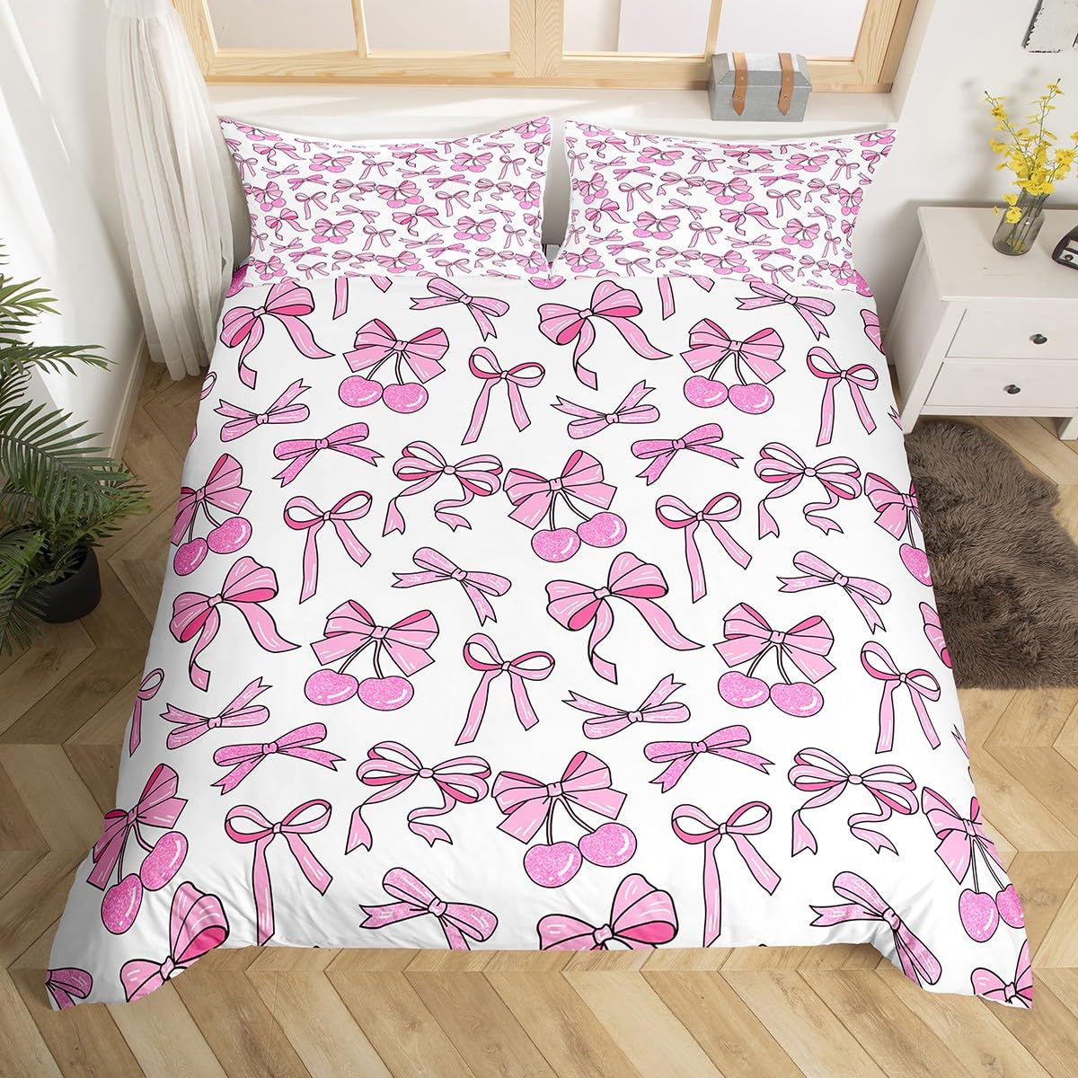 Loussiesd Watercolor Bow Duvet Cover All Season Bow Bedding Set Super King Size with 2 Pillow Cases Kawaii Cherry Microfiber Kids Bedclothes Bedroom Decor Breathable Soft Lightweight