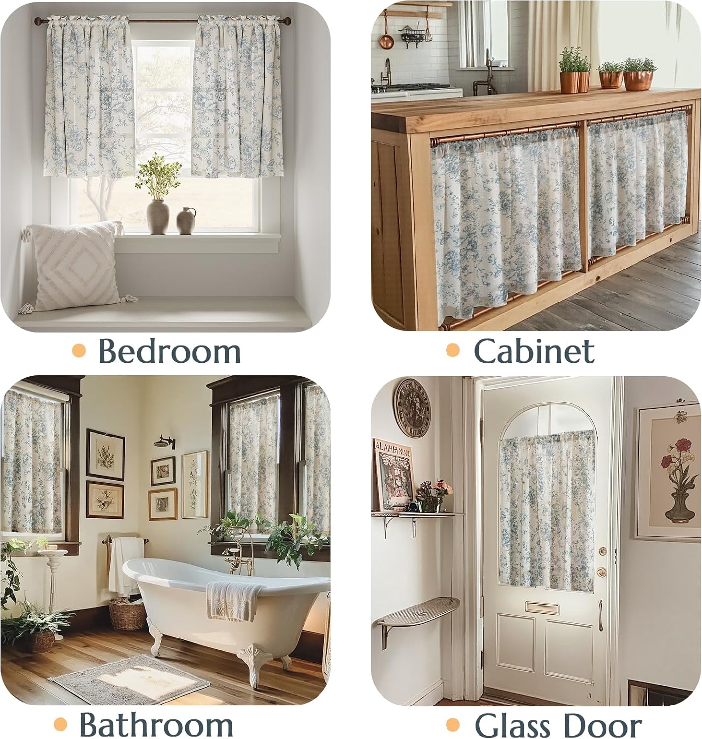 jinchan Floral Linen Tier Curtains Blue Flower on Beige Cafe Curtains 36 Inch Length Kitchen Living Room Bedroom Bathroom Farmhouse Rustic Country Rod Pocket 2 Panels