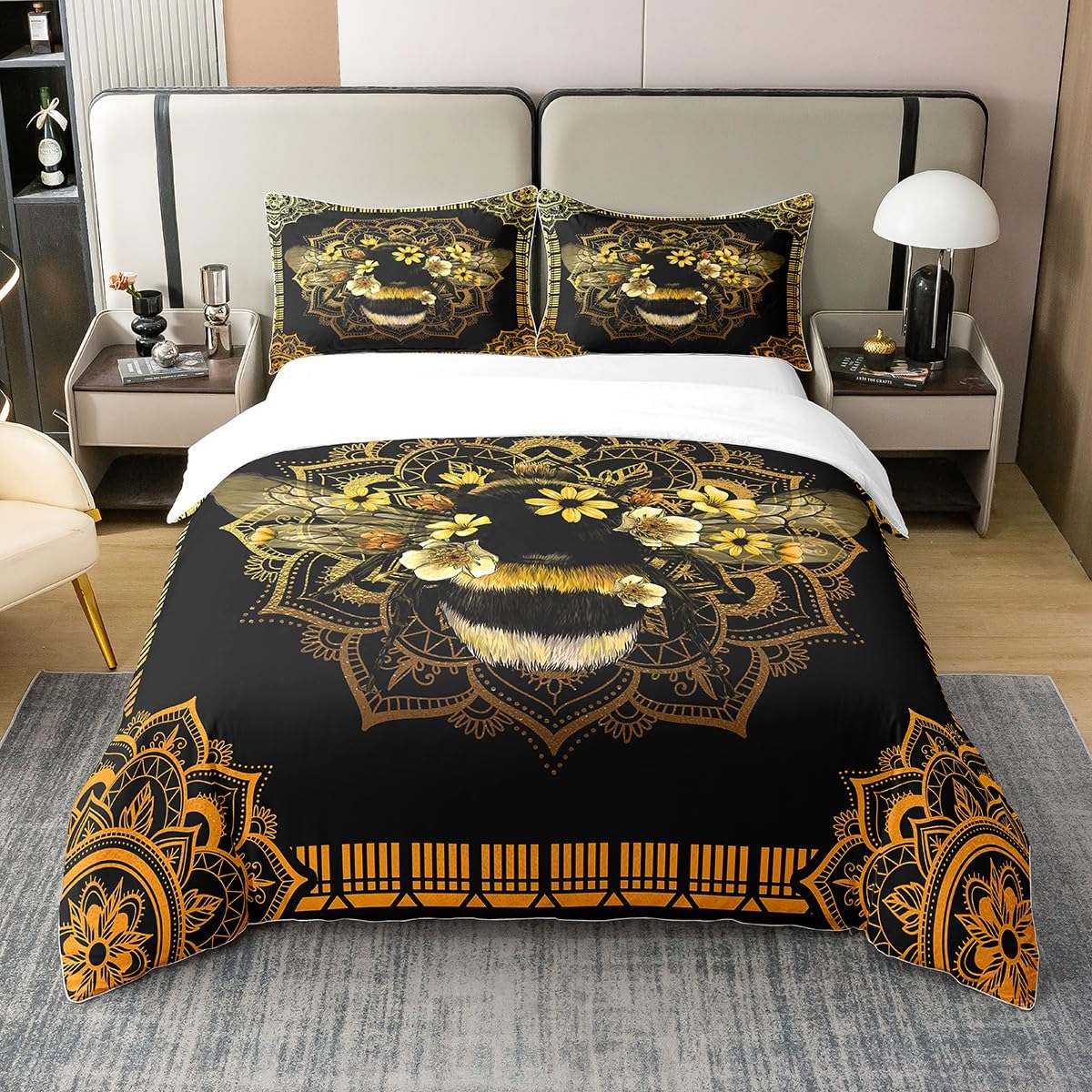 100% Baumwolle Biene Bett Sets Boho Mandala Bettbezug Gelbe Blumen Bettwäsche 135x200 Tier Thema Tröster Bezug mit Reißverschluss Hippie Blumen Schlafzimmer Orange Gold Ombre Gradient Dekor,Schwarz