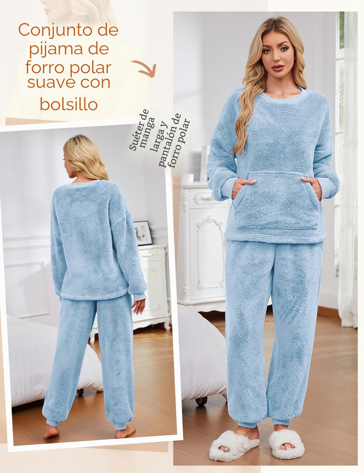 Niwicee Pijama Mujer Invierno Conjunto de Pijama Forro Polar Super Suave Ropa de Dormir 2 Piezas Damas Ropa de Noche Manga Larga cálida y Pantalones Largos con Bolsillo S-XXL
