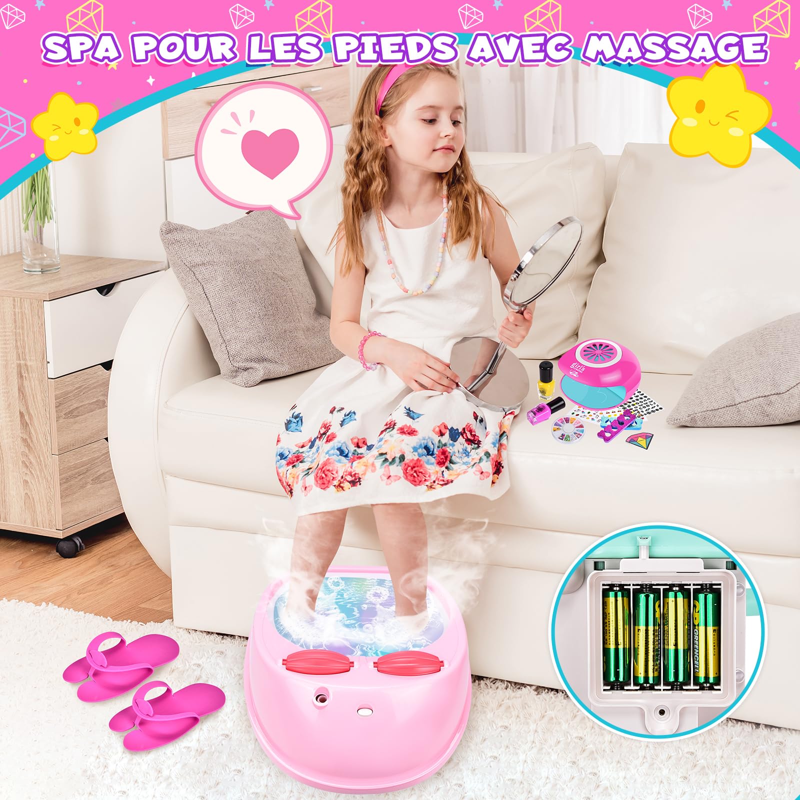 JONRRYIN Salon de manucure pour enfants et filles, kit de salon de manucure pour enfants et pieds, bain de pieds avec hydromassage, cadeaux pour filles, kit de vernis à ongles, art des ongles pour
