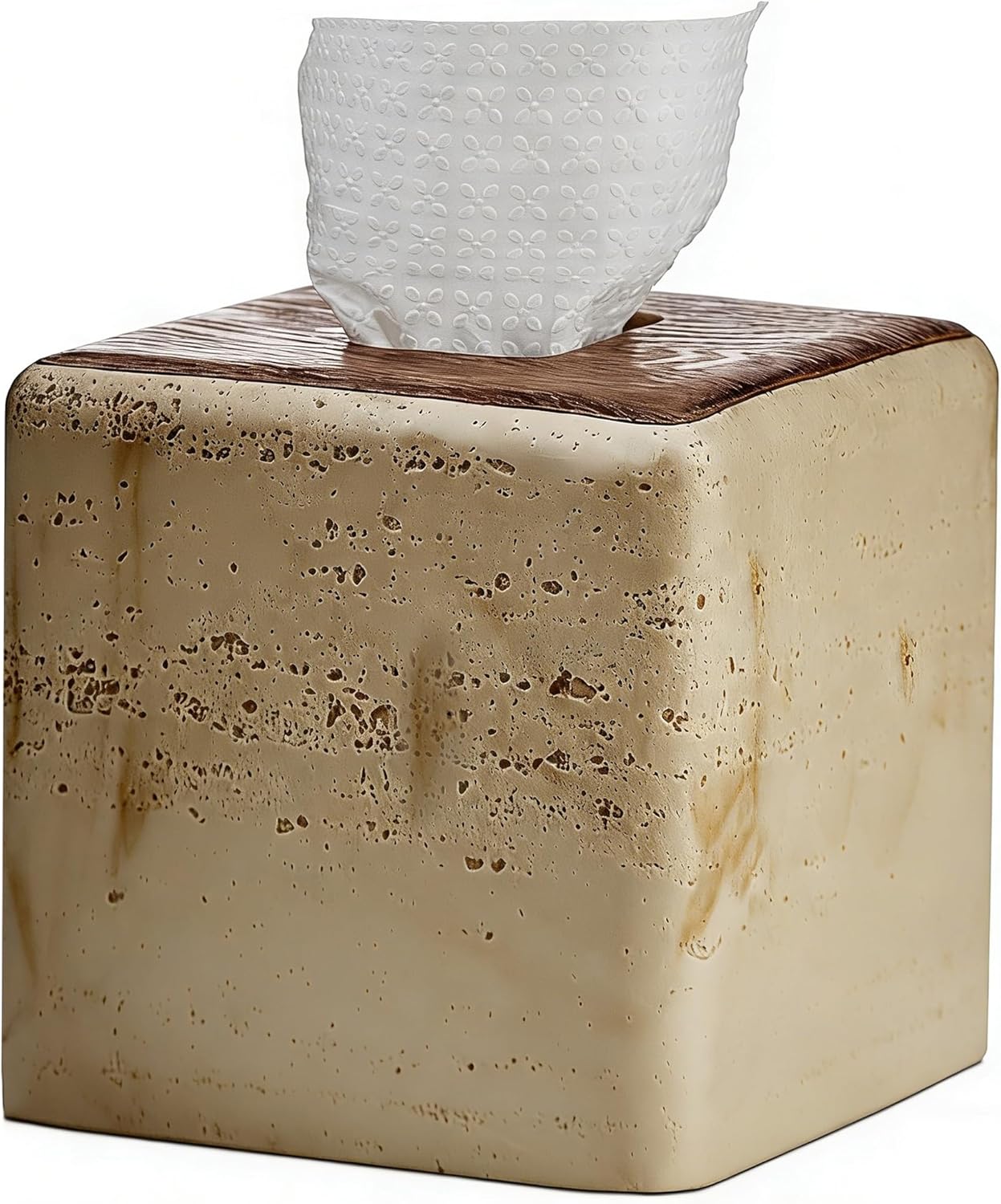 Natural Travertine & Wood Textures Tissue Box Cover Square for Home Decor,Resin Heavy Tissue Box Holder for Bathroom Countertop,Tabletop,Bedside Table,Office (Handmade of Resin)