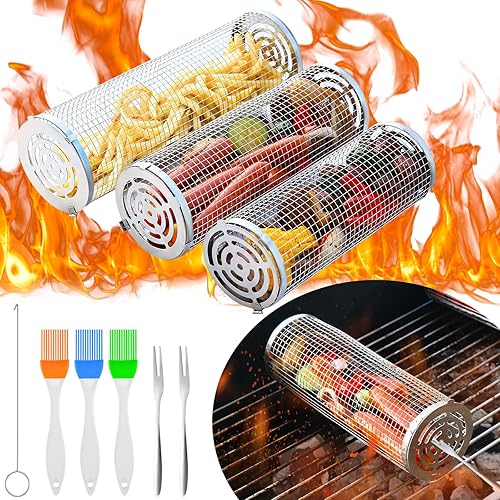 Cesta rodante para parrilla, 3 cestas de parrilla, cesta de parrilla para barbacoa, cestas de parrilla para parrilla al aire libre, malla de