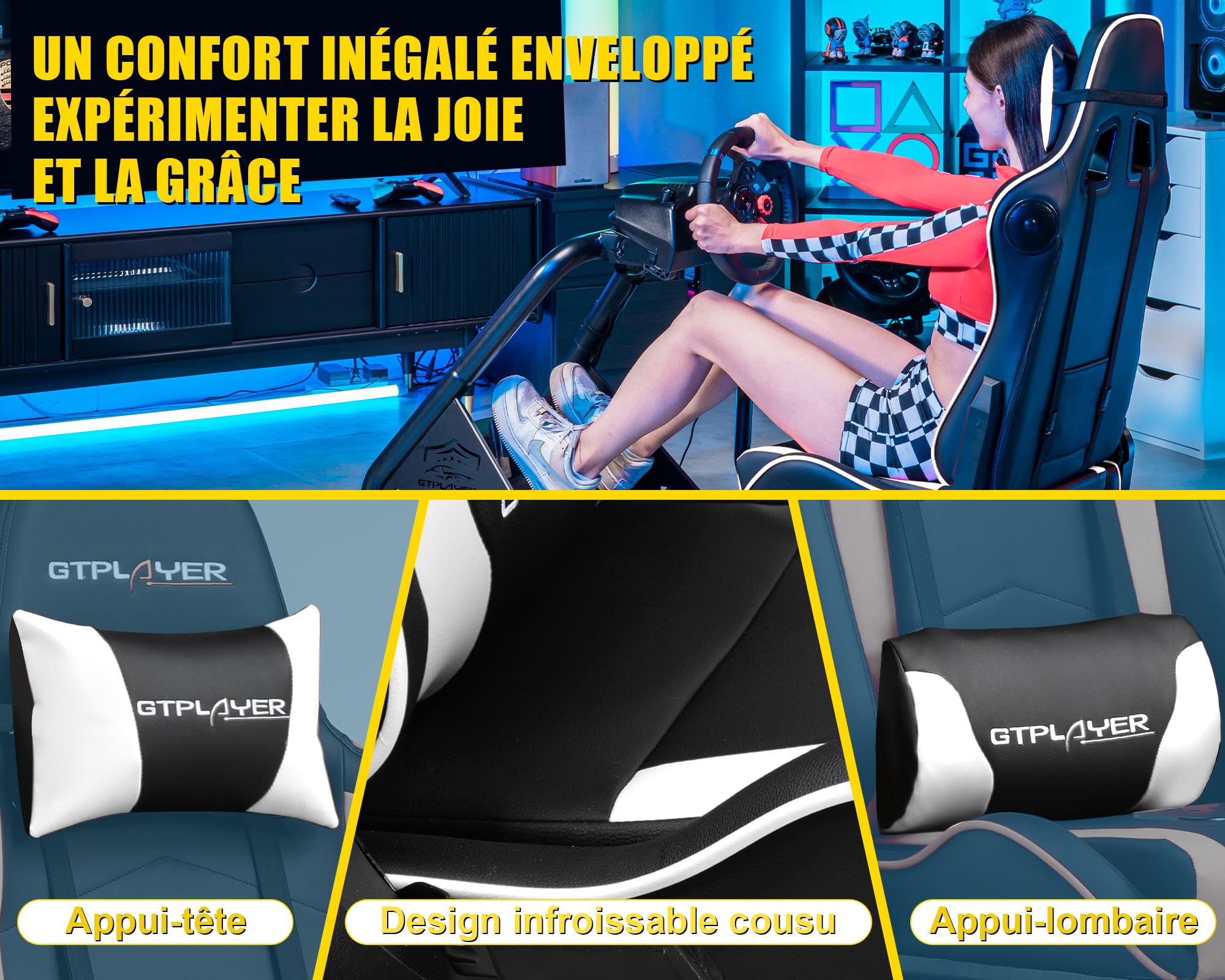 GTPLAYER Simulateur de Conduite, Siège de Simulation pour PC avec Haut-Parleurs, Support pour Volant et Pédalier,Blanc
