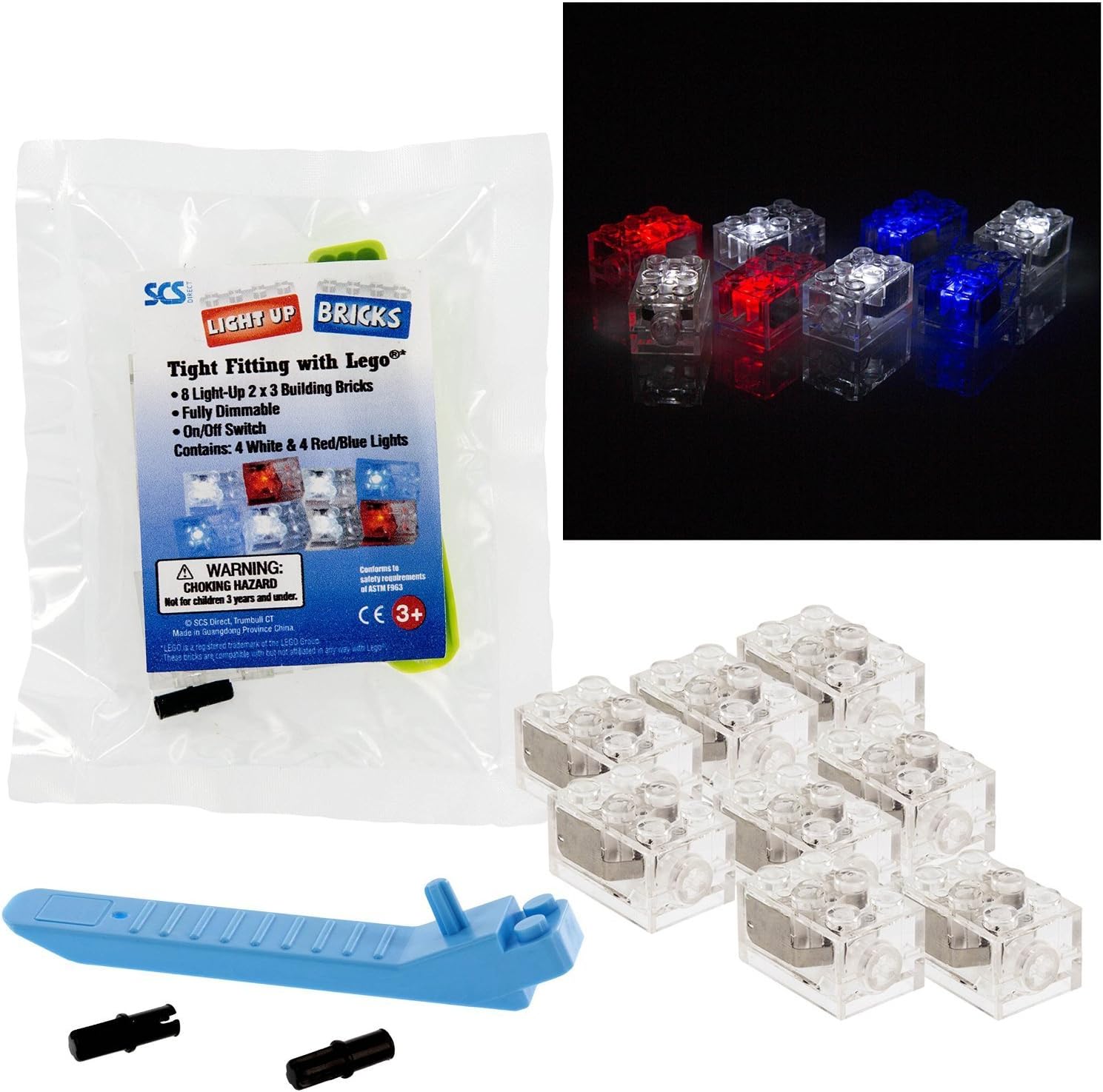 Light Up Building Bricks - Set of 8 Blocks w On/Off Switch + Brightness Dim Ability - Red, Blue & White Colors- Compatible Tight Fit w Major Brands - Creative STEM Learning Toy - Kids Birthday Gift