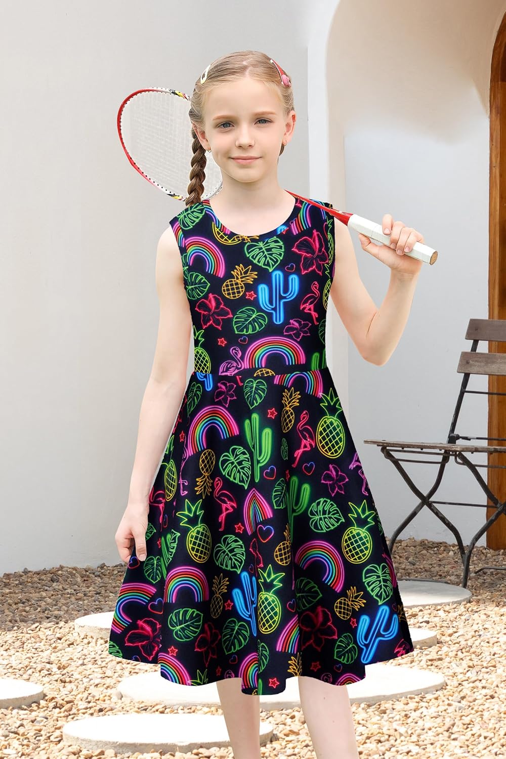 uideazone Girls Sleeveless Dress Round Neck Floral Printed Sundress for Casual Home Party Beach 4-12 Years - Image 3