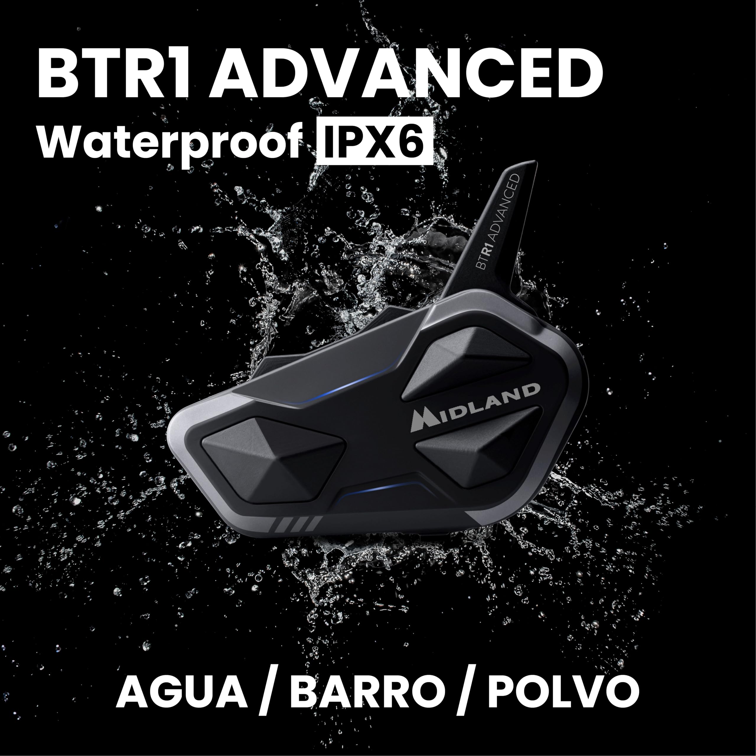 Midland - Intercomunicador Casco Moto BTR1 Advanced Twin Único, Auriculares Moto Inalámbricos Bluetooth IPX6, 1,2Km, 4 Personas Conferencia, Batería 23H, Cancelación Ruido, Audio HD, Conforme ECE2206