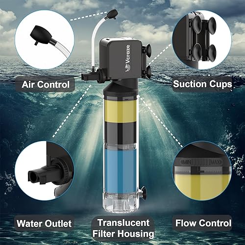 Miniatura 5 de Filtro interno de acuario de 3 etapas para tanques de 40 a 150 galones, filtro de tanque de peces con modos de aireaciónlluvia, filtro de tanque de