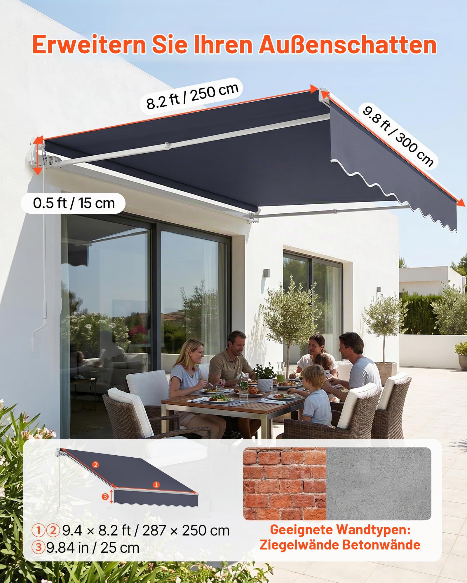 VEVOR Gelenkarmmarkise 3x2,5 m, Einziehbare Markise mit Handkurbel, Terrassenmarkise UPF 80+ Sonnenschutz, Sonnenmarkise, Balkonmarkise für Terrasse, Balkon, Garten & Fenster, Grau