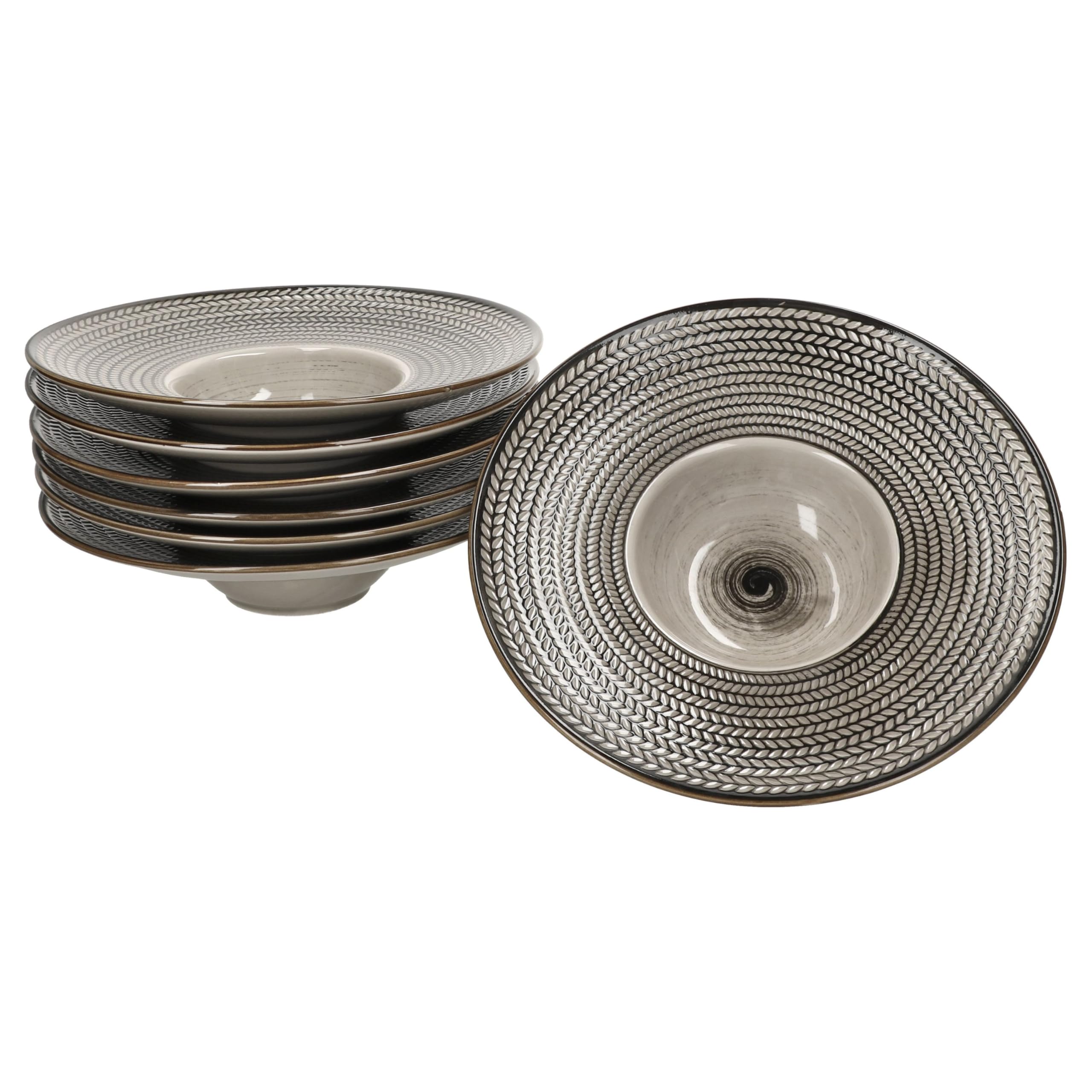 MÄSER Prospero Lot de 6 assiettes à pâtes I Ø 26 cm 180 ml I Assiettes en porcelaine marron avec relief pour 6 personnes I Assiettes creuses pour soupe, salade, etc. I Assiettes à pâtes avec large