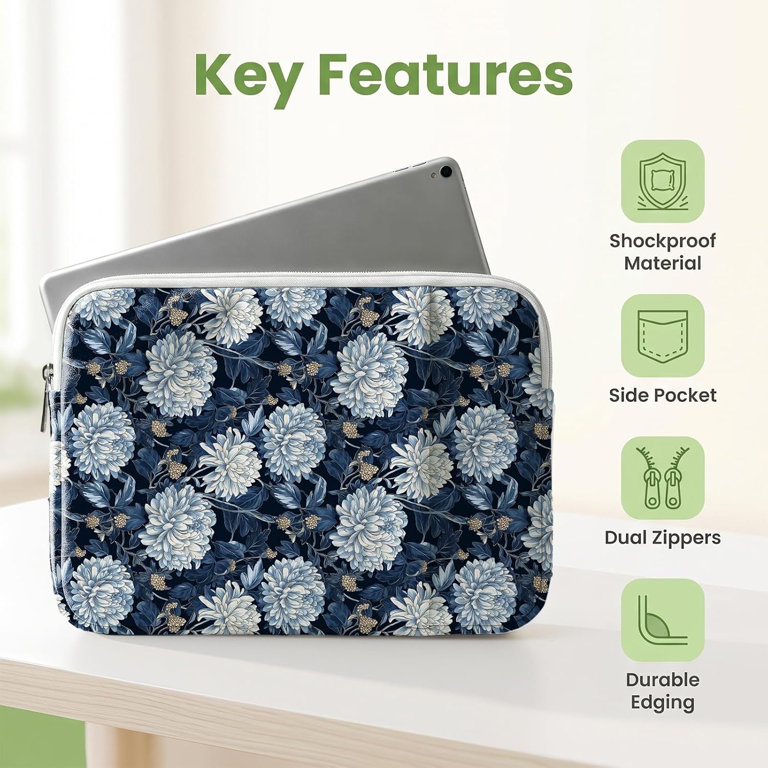 Cztulip Retro Floral Laptop Sleeve Bag Case with Pocket for MacBook Air13in image 5