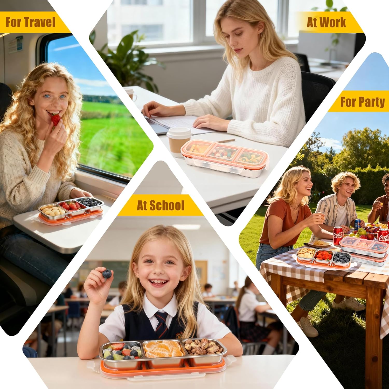 3 Pack Leakproof Stainless Steel Snack Containers with Lids, Reusable 3 Compartment Lunch Container, Stackable Snack Bento Box for Work, Travel & Picnic - Image 7