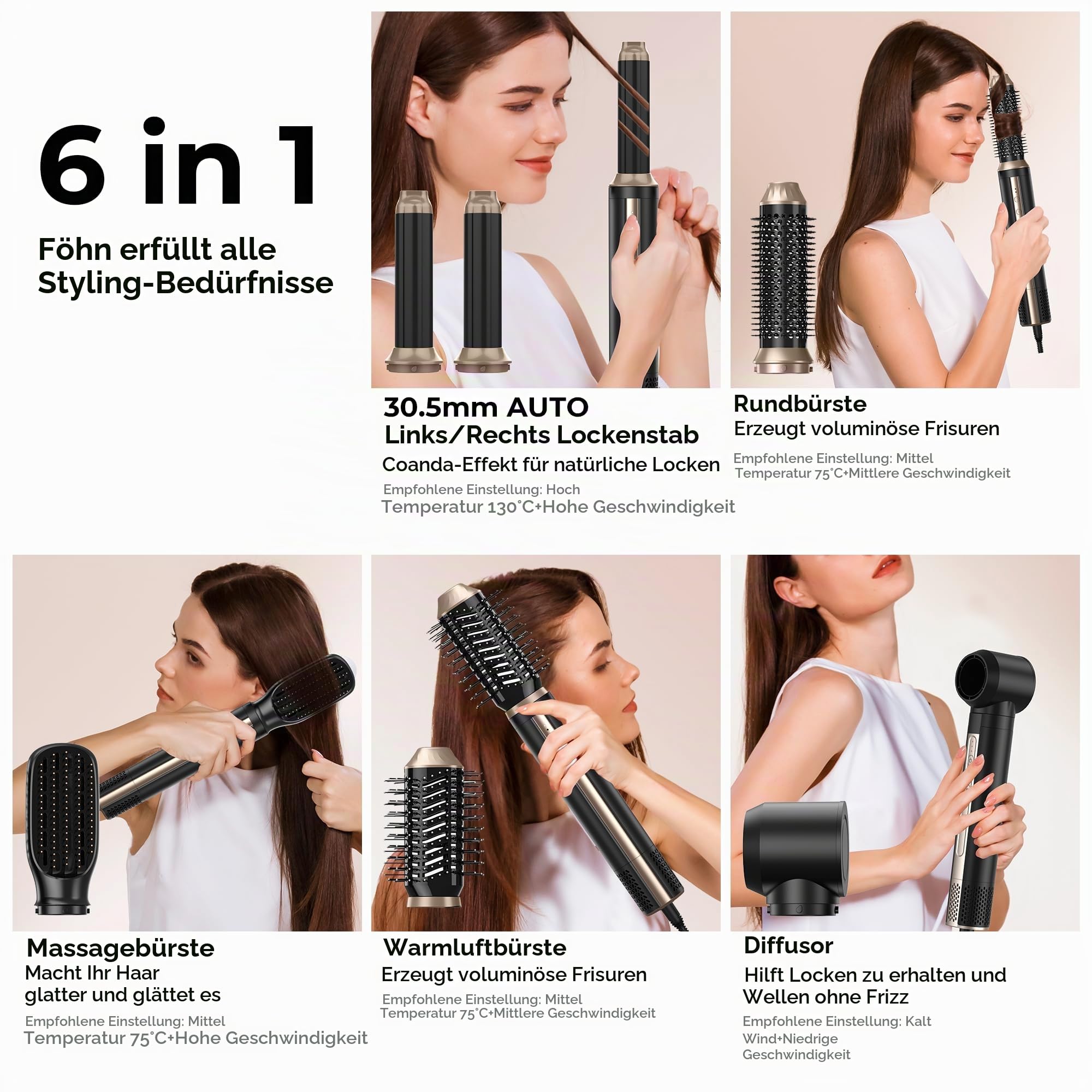 Neueste 6 in 1 Hairstyler set, Pro Airstyler 1400w Ionen Föhn, 110000 U/Min Auto Multi-Funktions-Lockenstab, Professioneller Warmluftbürste, Haarstyler für Volumisieren, Glätteisen, Locken und Föhnen