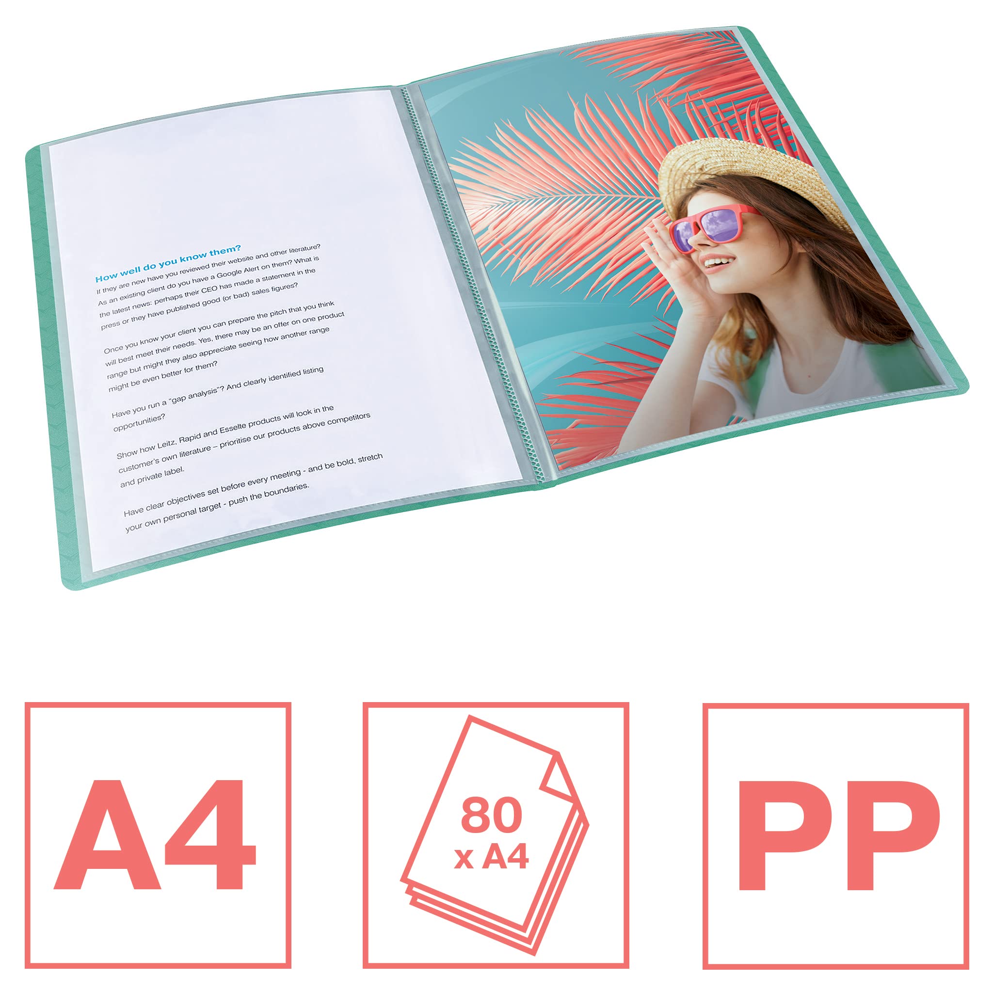 Esselte, Album Ofertowy z 40 Koszulkami A4 Esselte Colour'Breeze, 80 Kartek, do Domu/Biura, Prezentowanie i Przechowywanie Dokumentów, Wytłoczony Wzór, Kolor Zielony, 626228