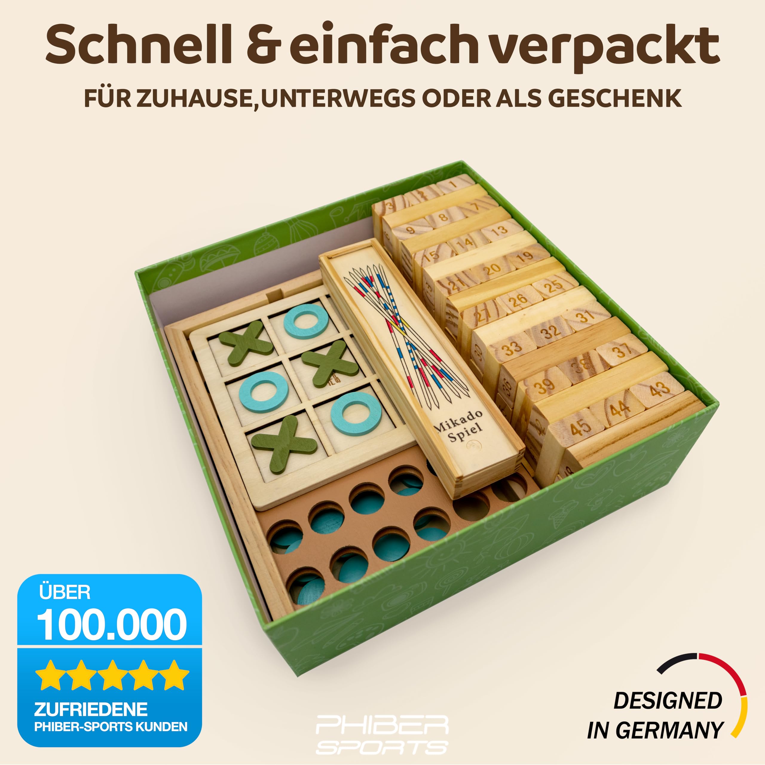 PHIBER-SPORTS 4-in-1 Holz Spielesammlung: Wackelturm, Vier-in-Einer-Reihe, Tic Tac Toe & Mikado Kinder & Erwachsene - Robust, Langlebig & Plastikfrei - Holzturm 4 Spiel
