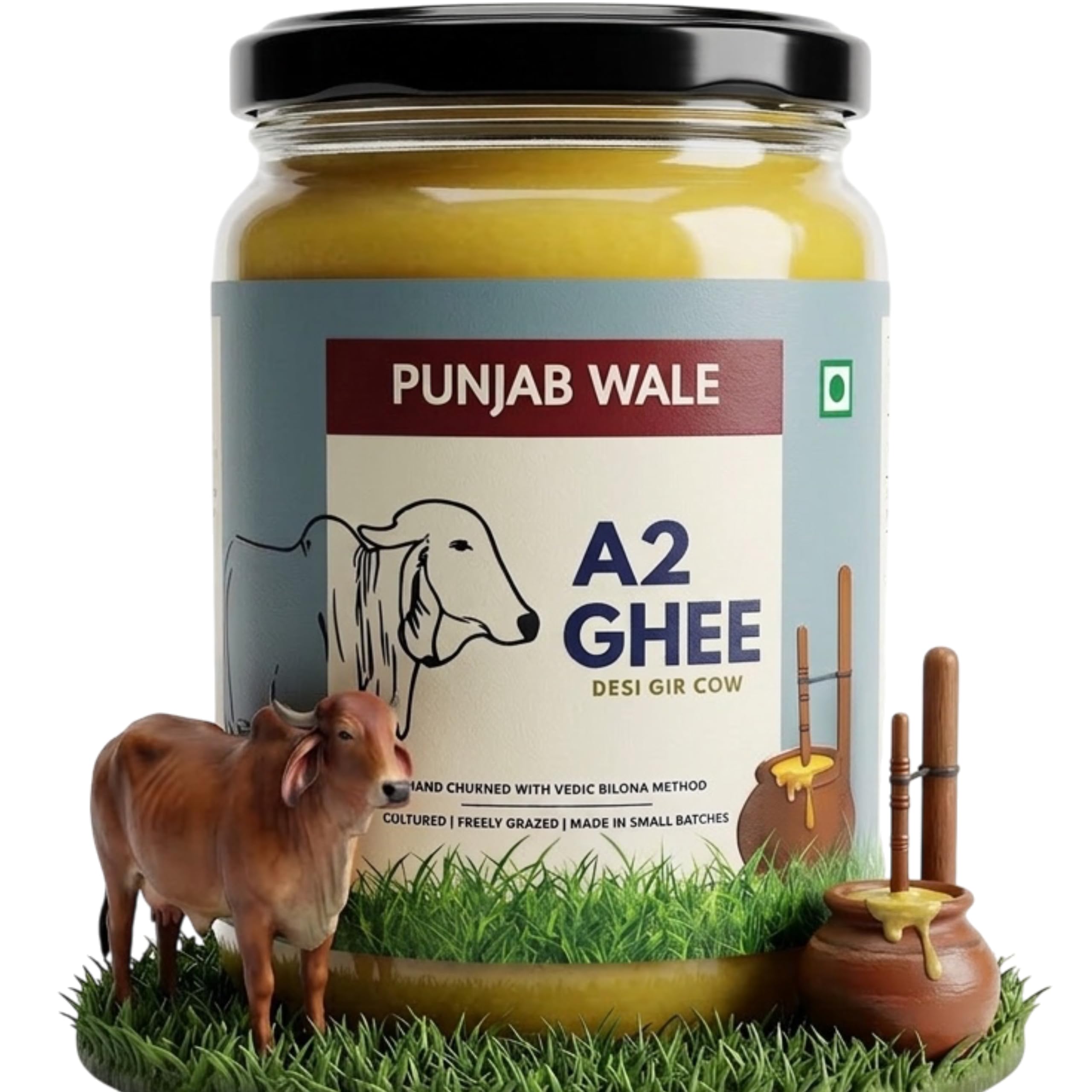 PUNJAB WALE Ghee A2 | Vaca Desi Gir | Método Védico Bilona | Cultivado | Triturado a mano | Hecho en pequeños lotes | Probado en laboratorio | Tarro de vidrio | Alimentado con pasto | Ghee premium y