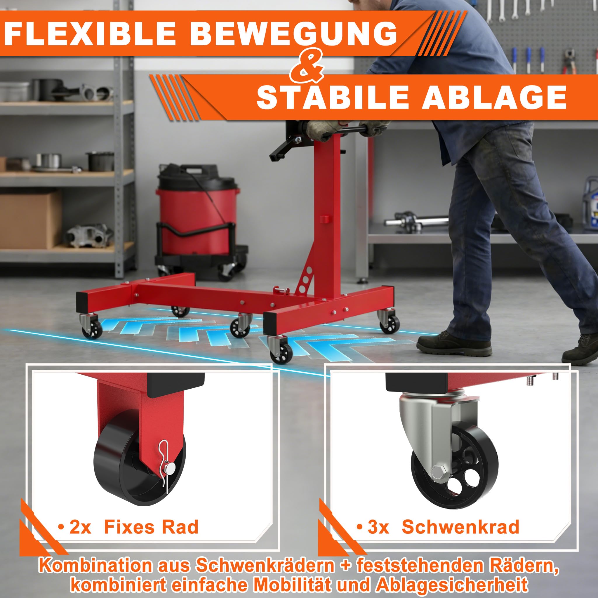 Froadp Motorständer Motorheber, Belastbar bis 680 kg, 360° Drehbar mit Haltearm, Getriebeheber Hydraulisch Stabil, Getriebehalter mit Rollen, Werkstatt Motor Reparaturständer für Auto und LKW, Rot