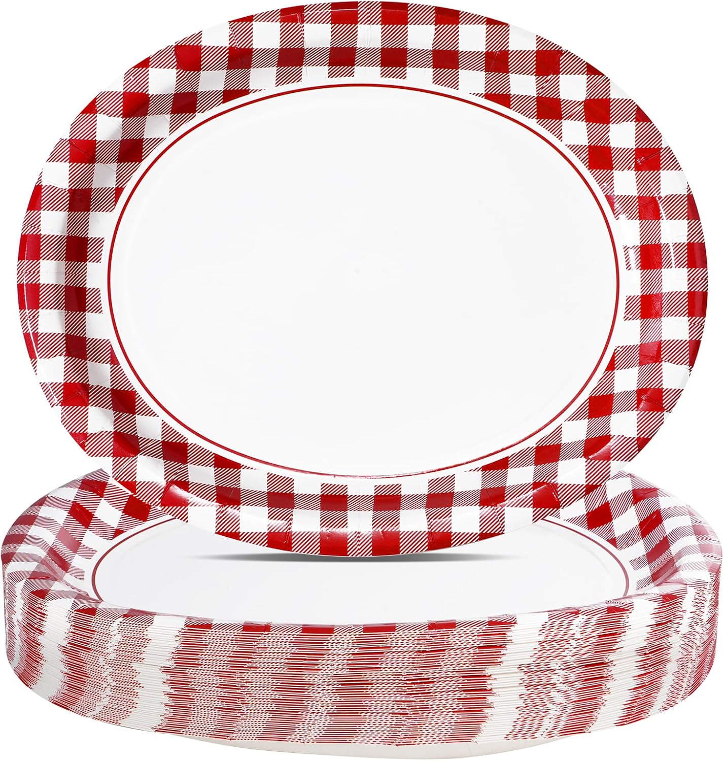 50 Pcs Sage Green Gingham Oval Paper Plates 10" x 12", Disposable Green and White Checkered Paper Plates Buffalo Plaid Dinner Tableware for Wedding Holiday Xmas Birthday Party Supplies