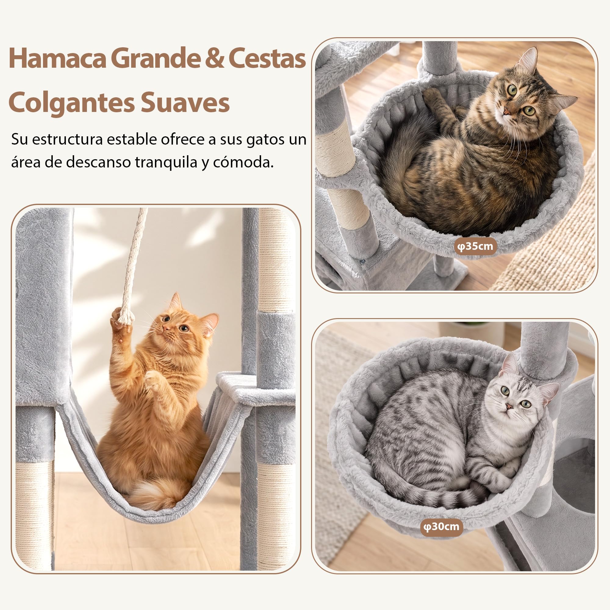 Gitelsnour Árbol para Gatos XXL 225 cm – Árbol Estable para Gatos Grandes, 3 Nidos, 2 Cestas Colgantes, Hamaca, Tabla Rascadora, 2 Plataformas de Observación, Base Estable, Gris Claro GCT808W
