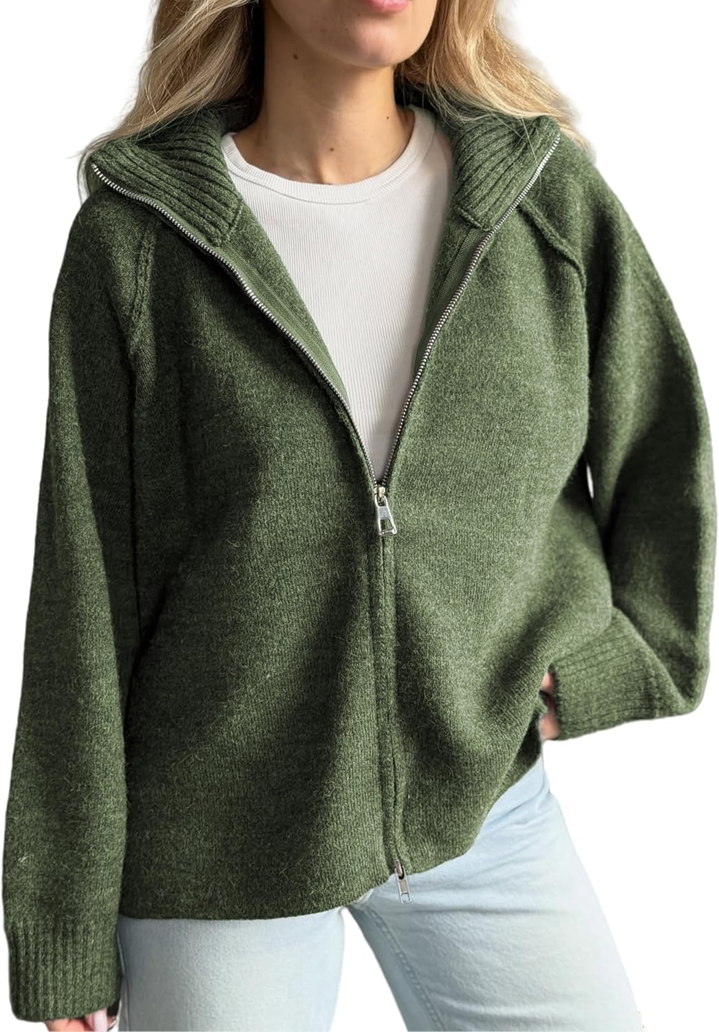 Womens Long Sleeve Collared Double Zipper Cardigan Casual Sweater Coat Oversized Trendy Jackets Tops