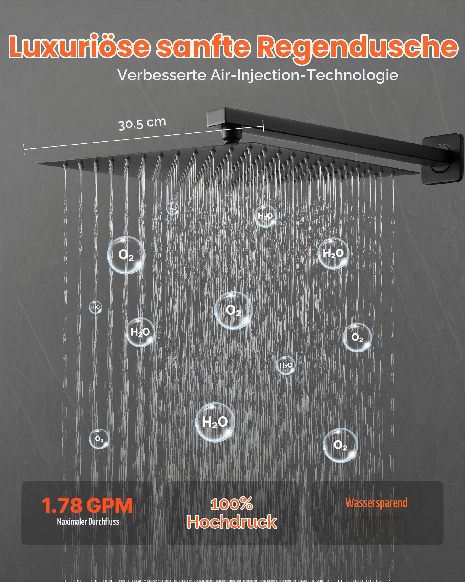 VEVOR Duscharmatur Regenduschsystem fürs Badezimmer Duschsystem mit 305 mm quadratischen Regenduschkopf & Handbrause, wandmontierte Badezimmerarmaturen mit Messingventil & Zierset, Mattschwarz