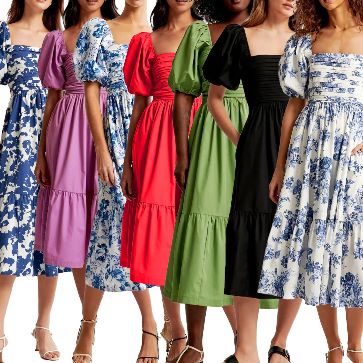 Hivebabe Vestito, Manica Puff Midi Vestito,Flowy Beach Floral Ruffle Midi Abiti con Tasche Vestito, WFFUO, Verde chiaro, 3XL