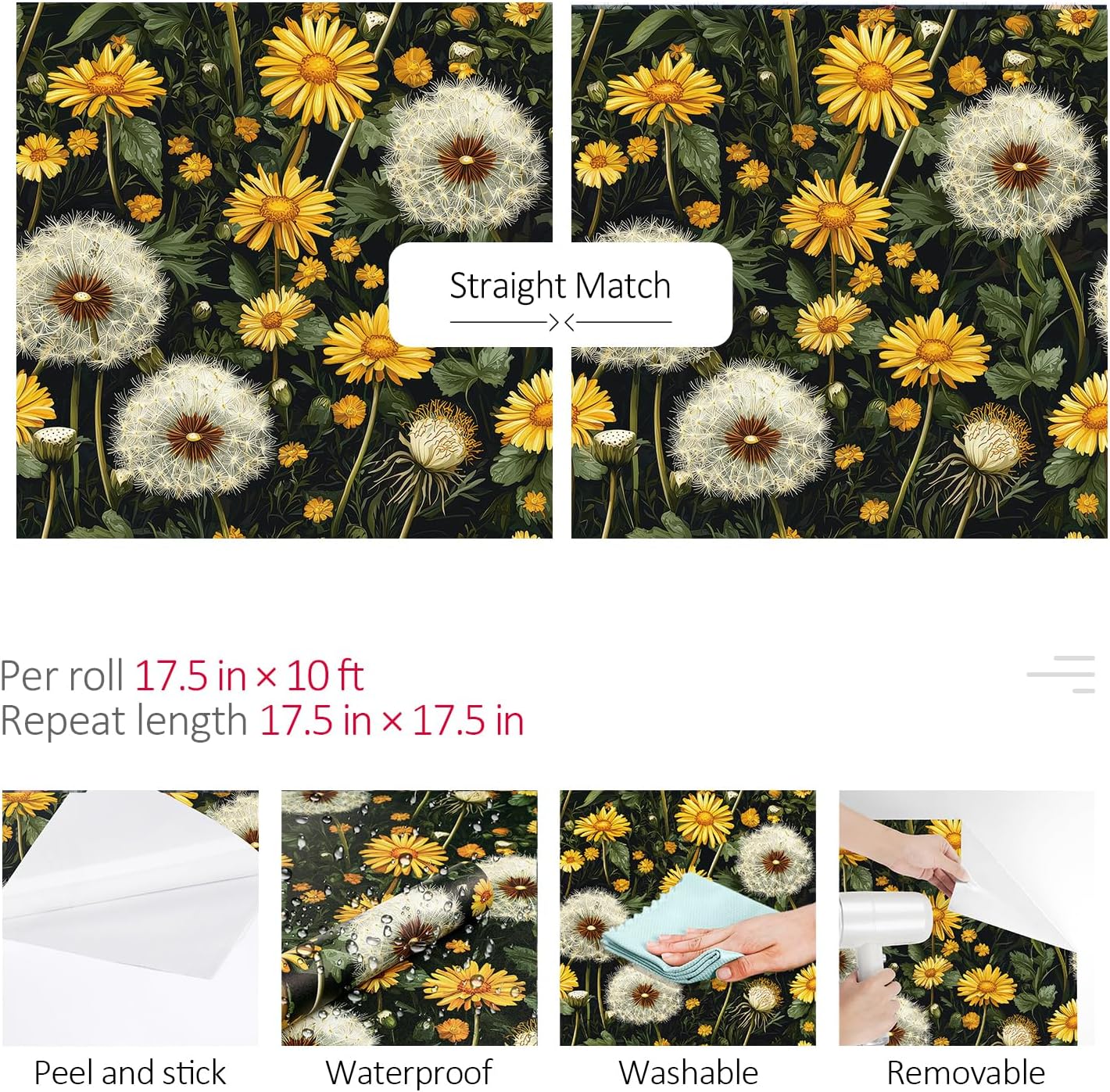 ReWallpaper Botanical Peel and Stick Wallpaper for Bathroom Bedroom Laundry Room Apartment Vintage Wildflower Floral Wall Decor in Golden Yellow Green Moody Renter Friendly Home Refresh 17.5in X 10ft