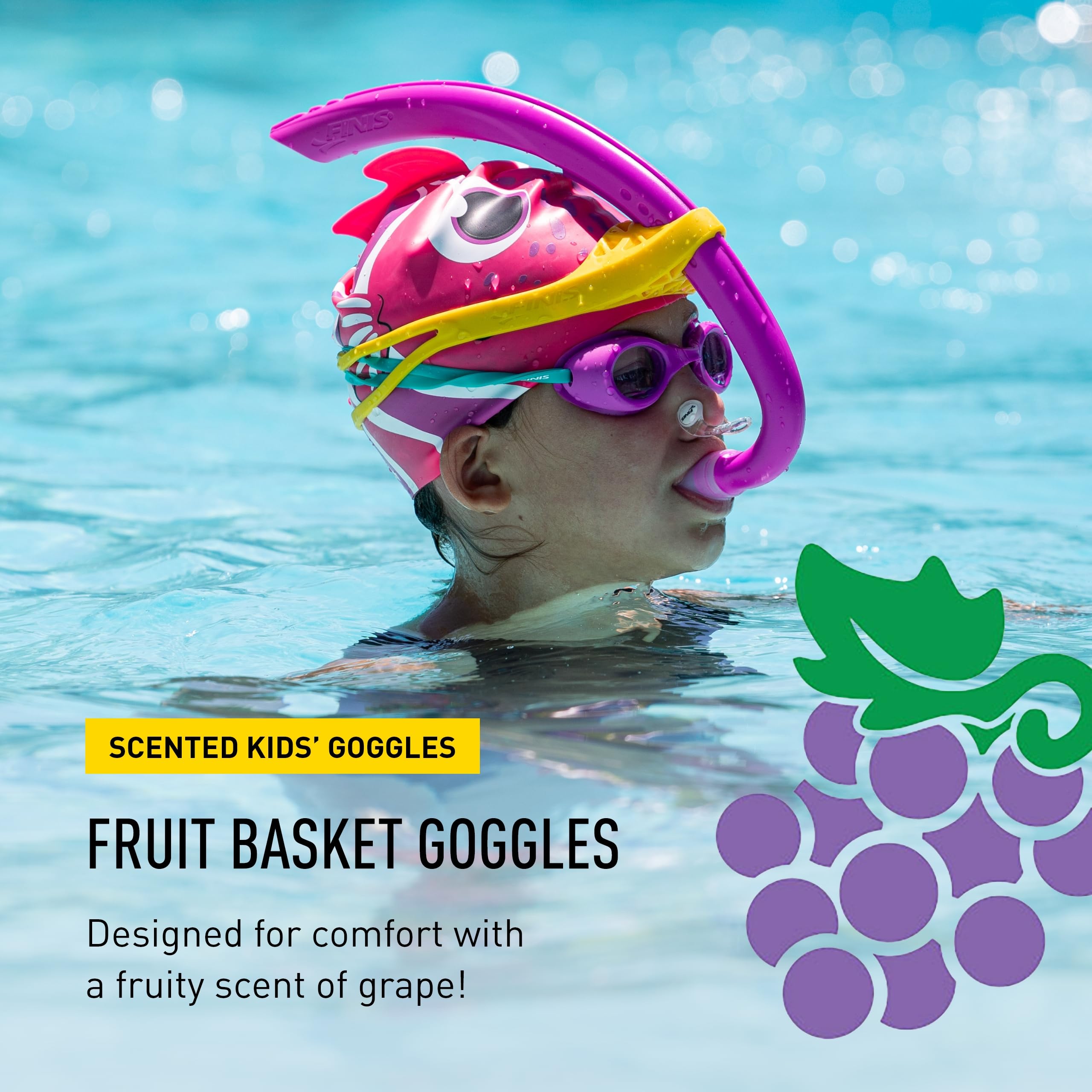 FINIS Fruit Basket Kids Scented Swim Goggles - For Ages 3-6 - Anti-Fog - UV Protection - Soft Silicone Fit - Grape