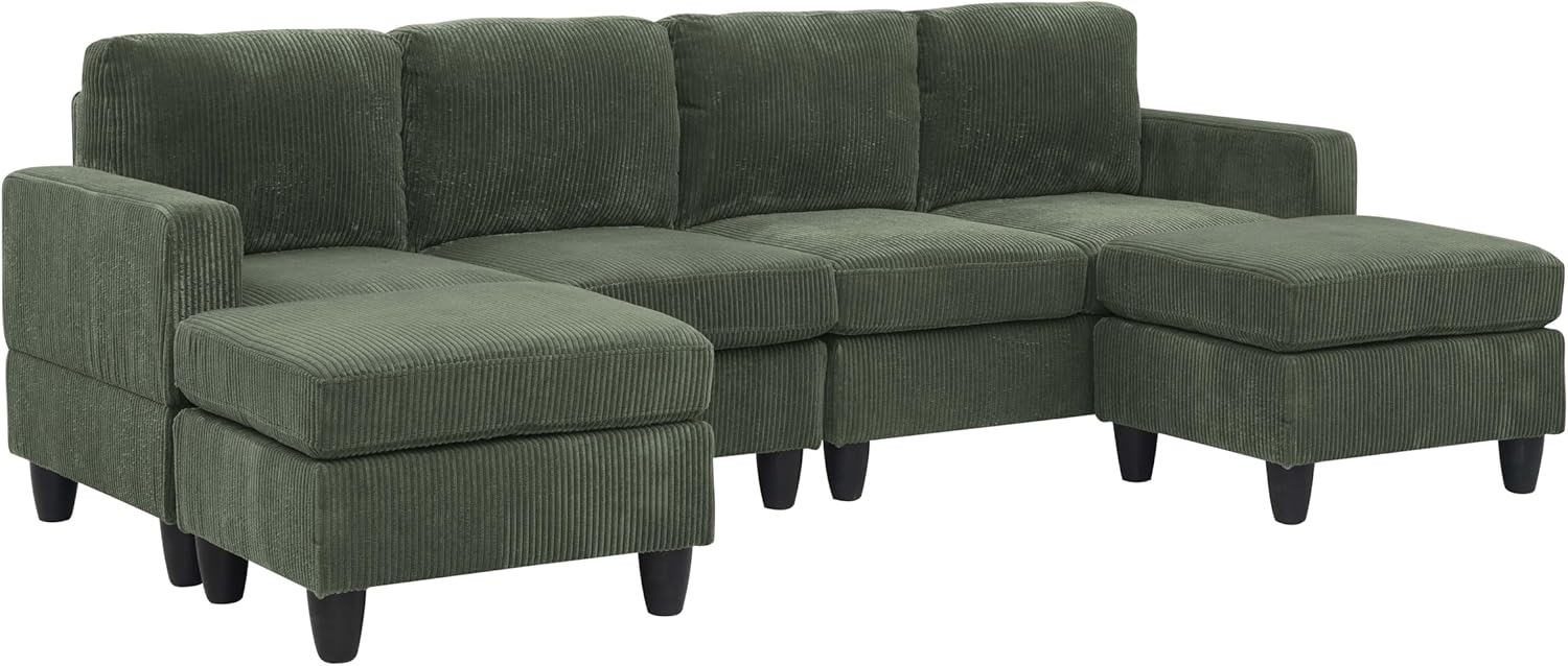 Ball & Cast 101" Convertible U Shaped Couch with Ottoman, Corduroy 4 Seater Modular Sectional Sofa, Corner Sectional Couches for Living Room,Office, Green