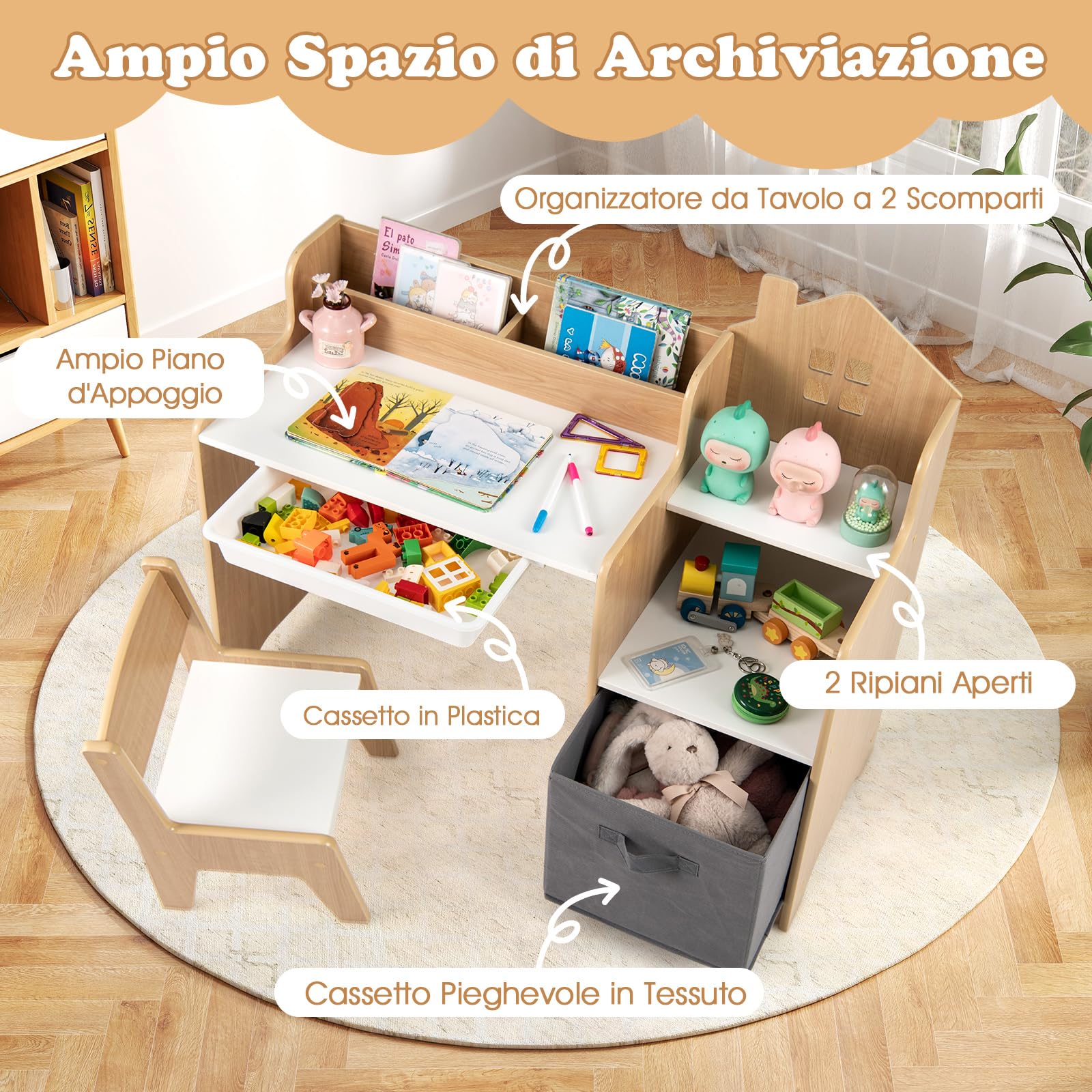 COSTWAY Set Scrivania e Sedia per Bambini 3-12 Anni, Tavolo e Sedia in Legno Salvaspazio con Cassetto in Plastica e Cassetto in Tessuto, Banco Scuola e Seggiola per Cameretta (Naturale)