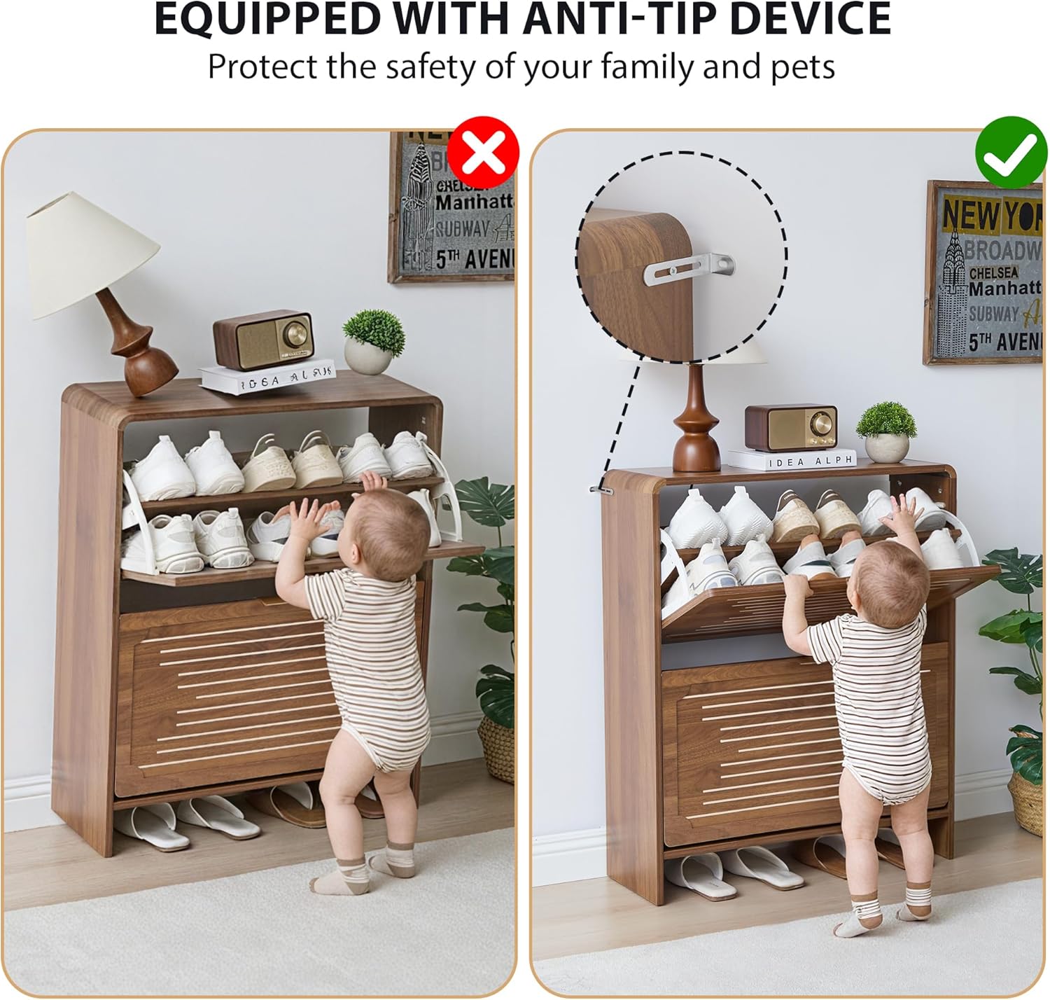 Narrow Shoe Cabinet, Wood Shoe Rack for Entryway with 2 Flip Drawers, Mid-Century Modern Slim Shoe Storage Cabinet Freestanding Hidden Shoes Organizer for Foyer, Hallway (Walnut, 27.56'')