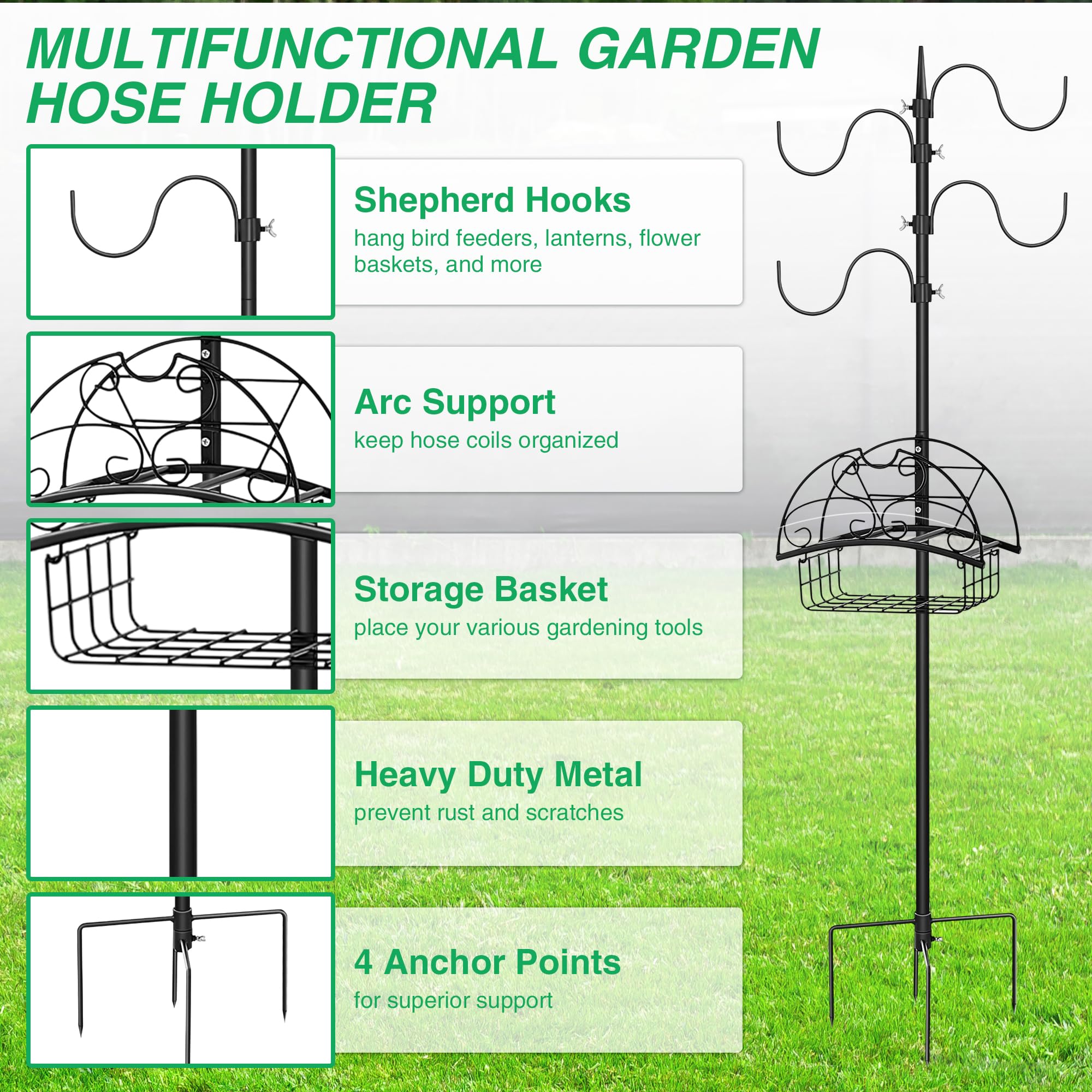 Enhon Freestanding Garden Hose Holder, Upgraded Heavy Duty Water Hose Holder with Multifunctional Shepherd Hooks and Storage Organizer, Detachable Metal Hose Stand for Outside Lawn Yard