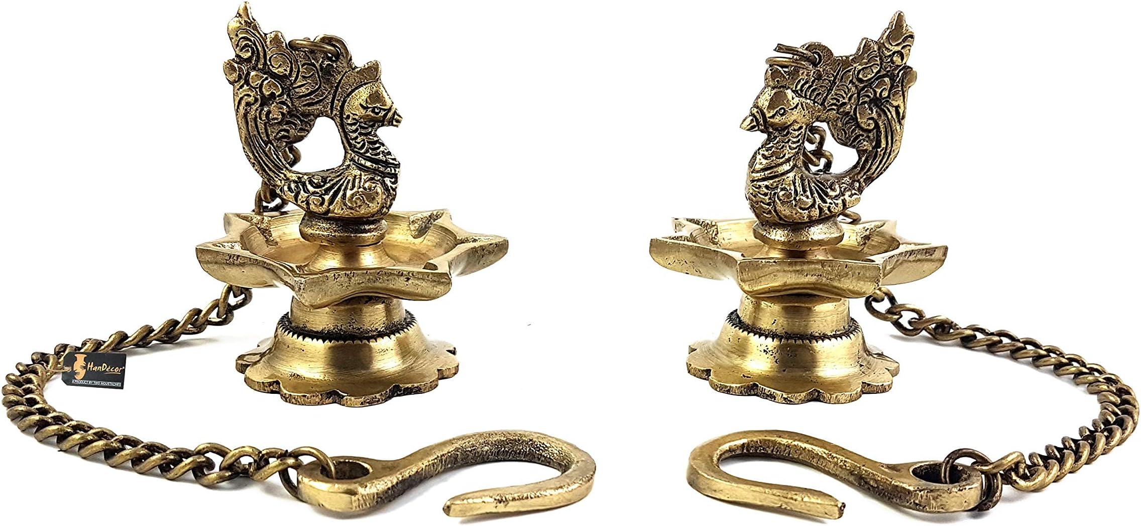 - Two Moustaches Brass Peacock Carved Hanging Diya Set, Diyas for Diwali, Brass Hanging Diya Pair, Diwali Decoration for Home, Diyas for Home Decoration, Antique Yellow -Pack of 2