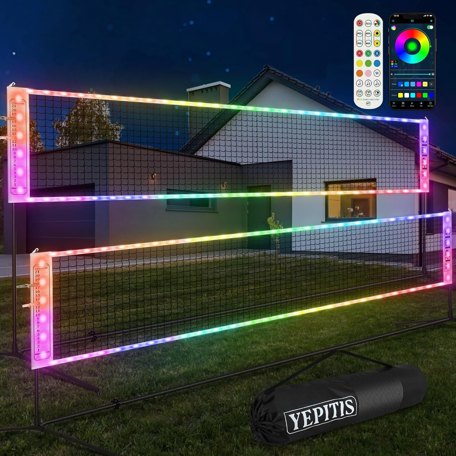 YepItIs LED Badminton Net, 17ft Light Up Portable Badminton Set with APP & Remote Control, Music Sync, Easy Setup Nylon Net with Poles for Badminton, Kids Volleyball, Pickleball and Backyard Games