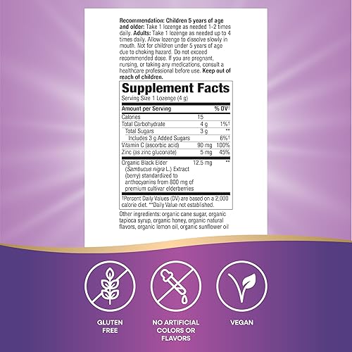 Miniatura 2 de Nature's Way Sambucus Pastillas de zinc con saúco y vitamina C, sabor miel y limón, 24 pastillas