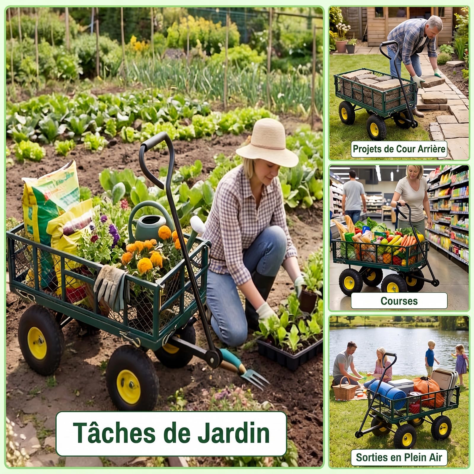 GYMAX Chariot de Transport de Jardin à 4 Roues, Charge Max 410 kg | Panneau de 4 Côtés Amovibles, Poignée Réglable à 120° et Rotative à 270°, Sac de Rangement Intégré, pour Plage Camping