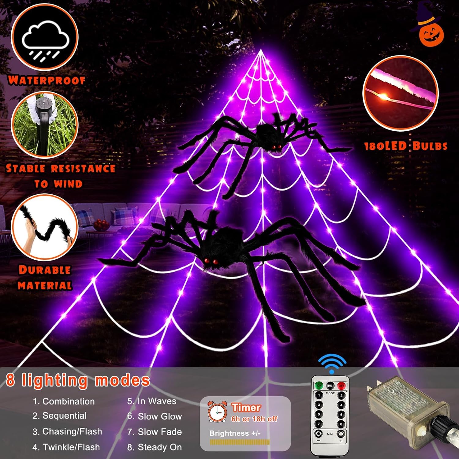 23Ft Giant Spider Web Halloween Decorations Outdoor Lights,180 Purple LED Light Up Giant Spider Web 60" & 36" Large Spider,8 Modes Lighted Decor for Scary Outdoor Halloween Decorations Yard