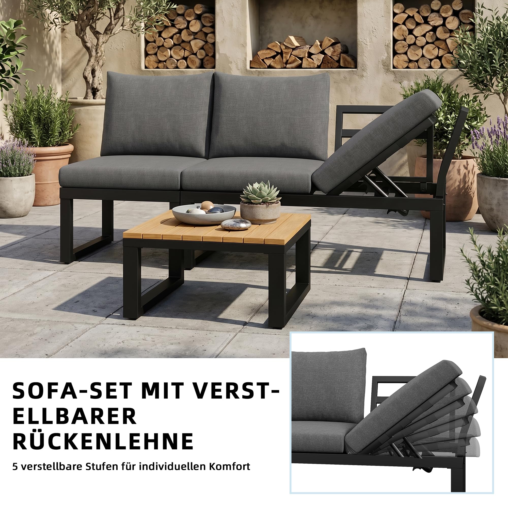 Sapgaks Ensemble de Salon de Jardin extérieur pour 6 Personnes avec Dossier réglable,canapé d'angle avec Table et Table Basse,Structure en Acier résistant aux intempéries (Gris-11)